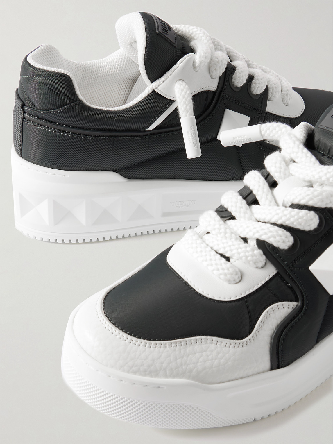 Valentino One Stud Xl Low-top Sneaker In Nappa Leather And Jacquard Toile Iconographe Technical Fabric In Black