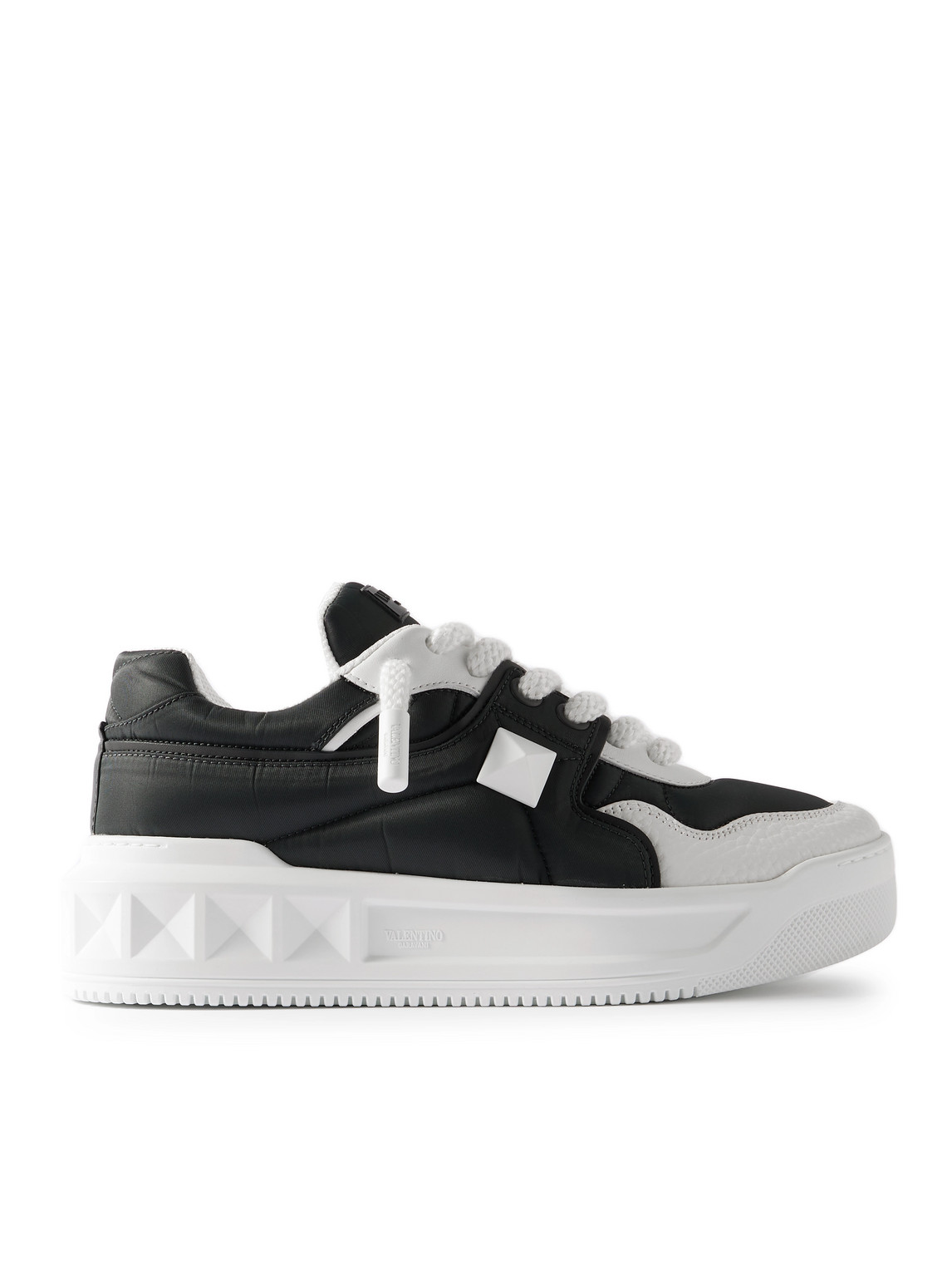 Valentino One Stud Xl Low-top Sneaker In Nappa Leather And Jacquard Toile Iconographe Technical Fabric In Black