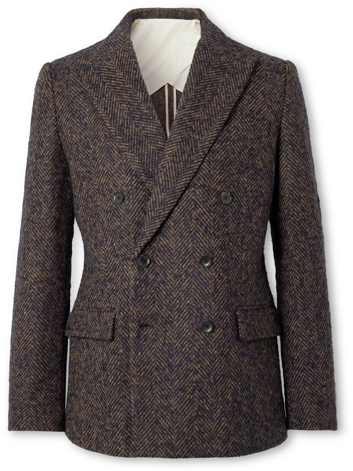A Kind Of Guise Double-breasted Herringbone Wool-blend Blazer In Brown