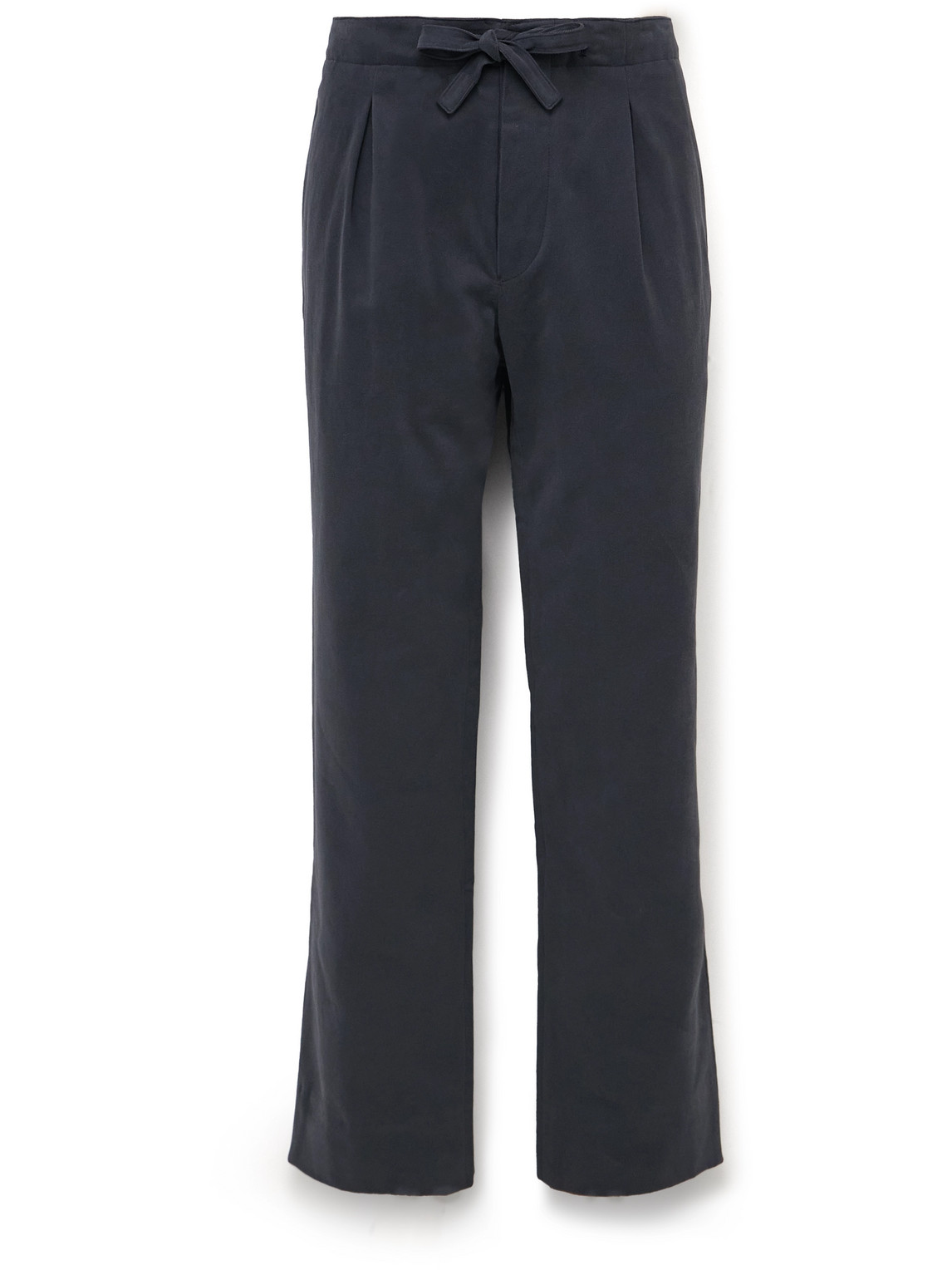 Straight-Leg Pleated Peached Cotton-Twill Drawstring Trousers