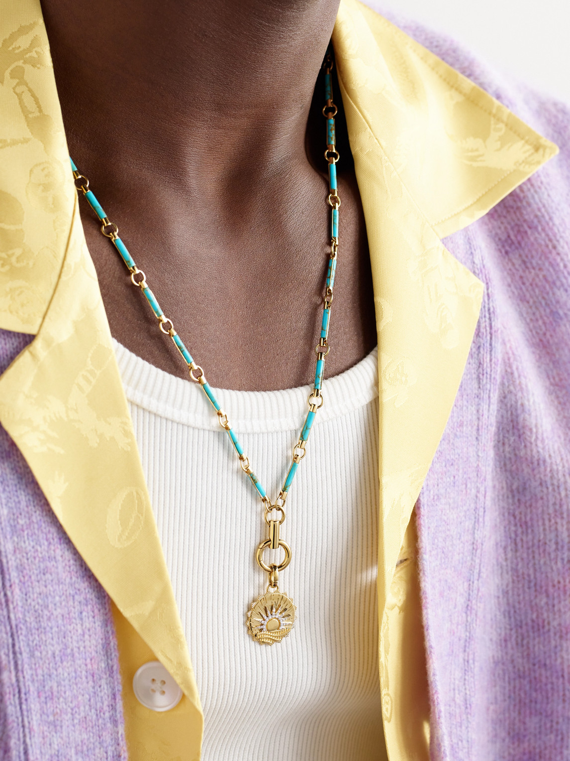 FOUNDRAE ELEMENT NEW BEGINNINGS INTERNAL COMPASS 18-KARAT GOLD, DIAMOND AND TURQUOISE PENDANT NECKLACE