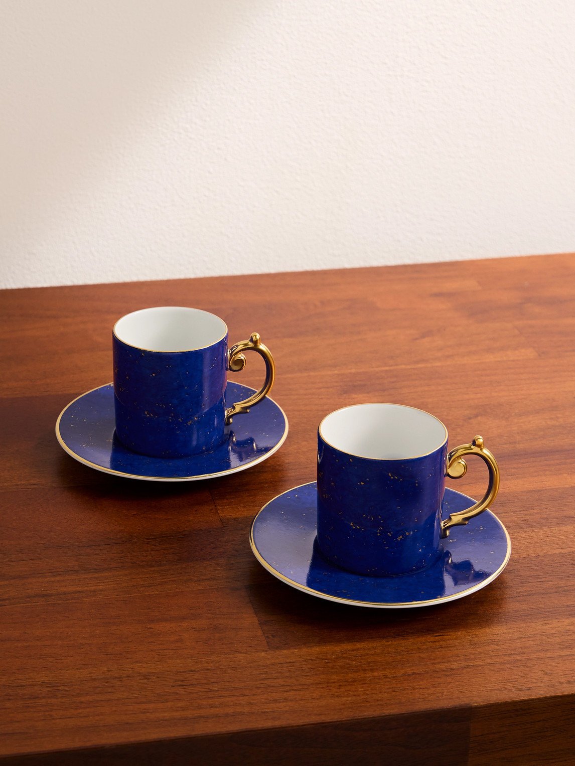 Lapis Set of Two Gold-Plated Porcelain Espresso Cups and Saucers