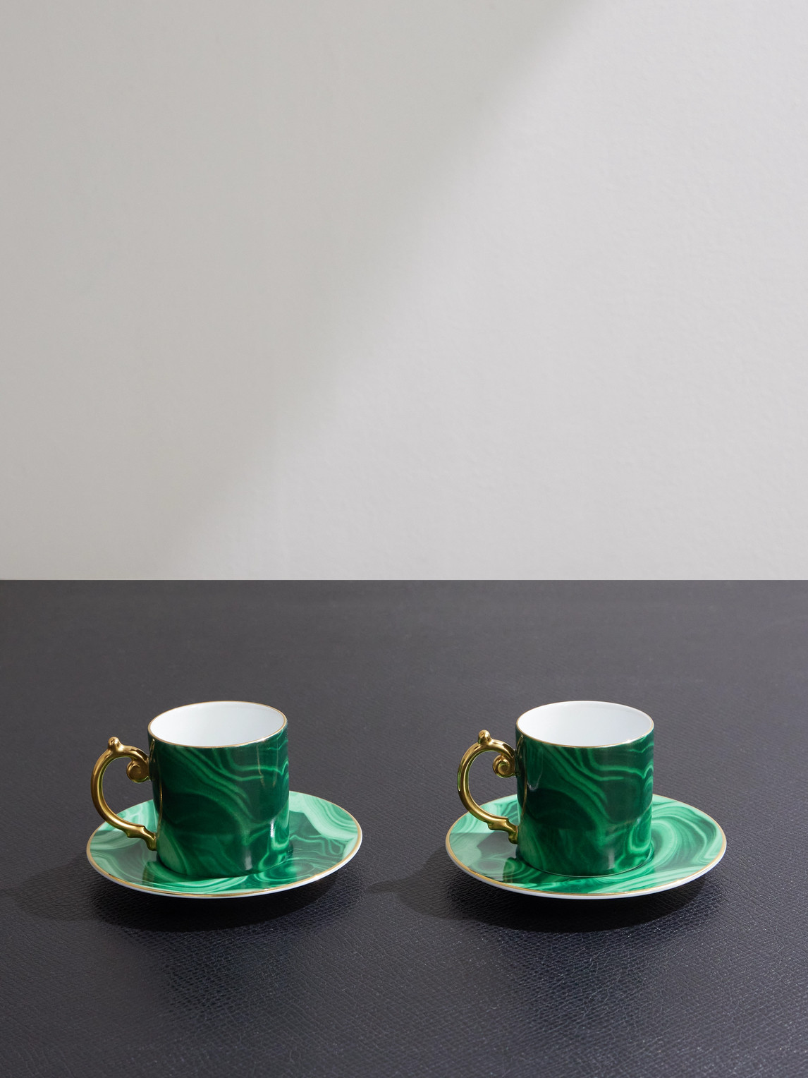 Malachite Set of Two Gold-Plated Porcelain Espresso Cups and Saucers