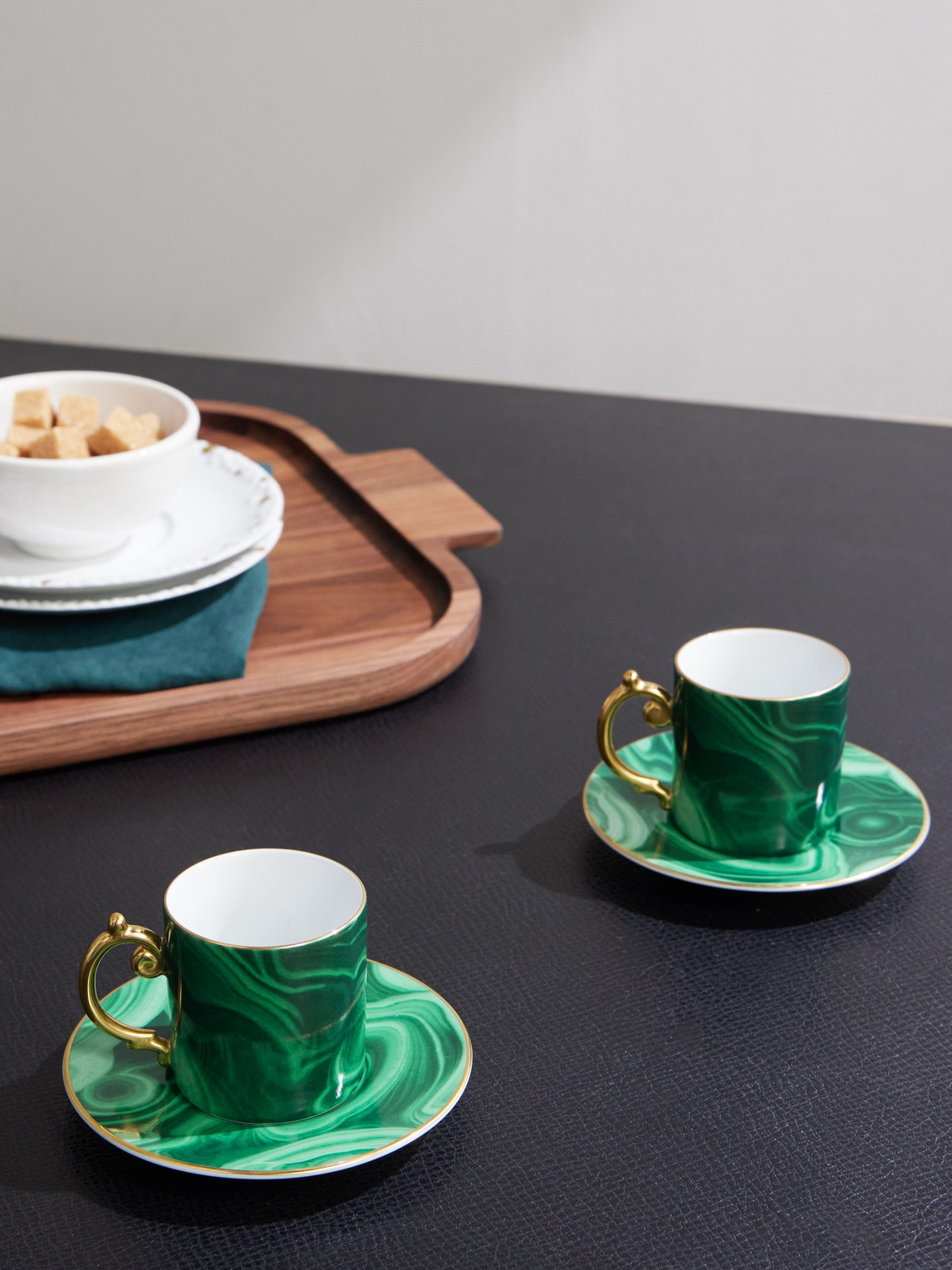 Malachite Set of Two Gold-Plated Porcelain Espresso Cups and Saucers — 2