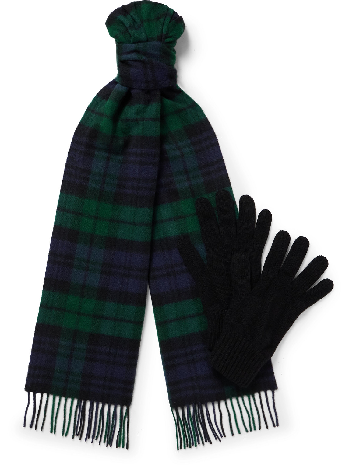 Johnstons Of Elgin Fringed Checked Cashmere Scarf And Gloves Set In Green