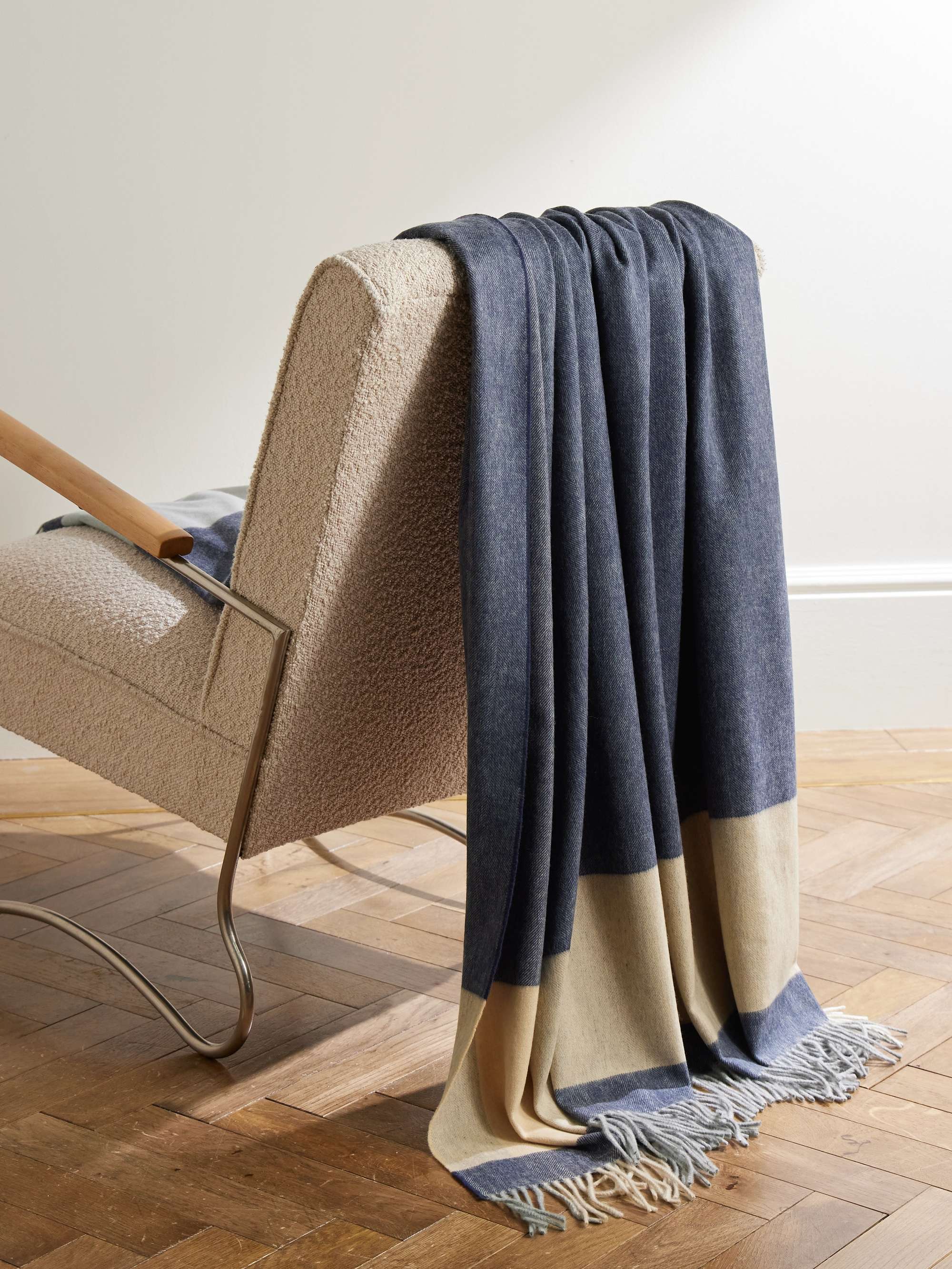 Johnstons of Elgin Fringed Striped Wool Throw Navy