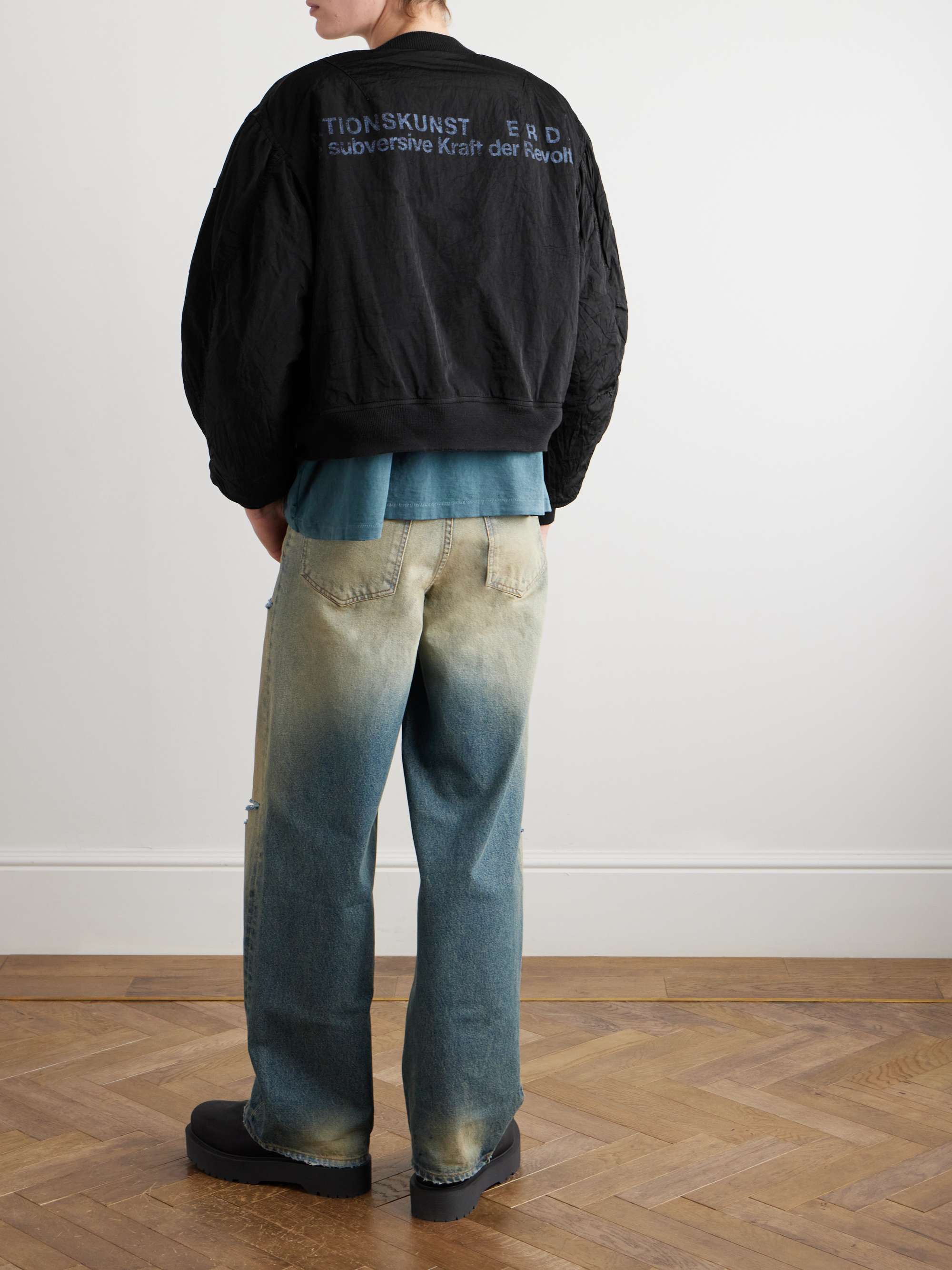 BALENCIAGA Distressed Padded Denim Bomber Jacket for Men BALENCIAGA Distressed Padded Denim Bomber Jacket for Men