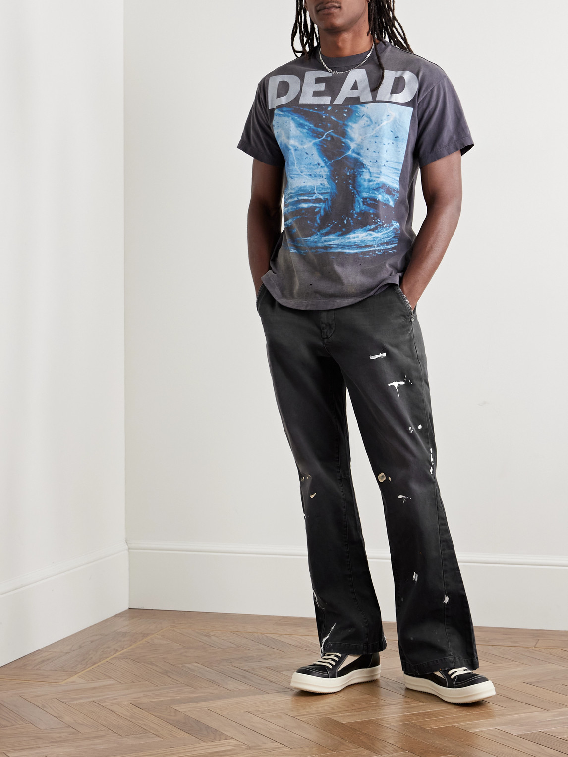 国内で当店のみ DARKFOG - Paint Splatter Printed Work Jeans Paint splatter black jeans