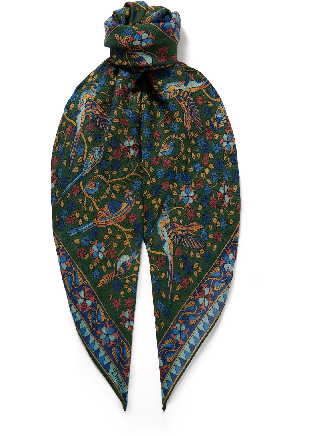 Drake's Parrots Printed Wool And Silk-blend Scarf In Green