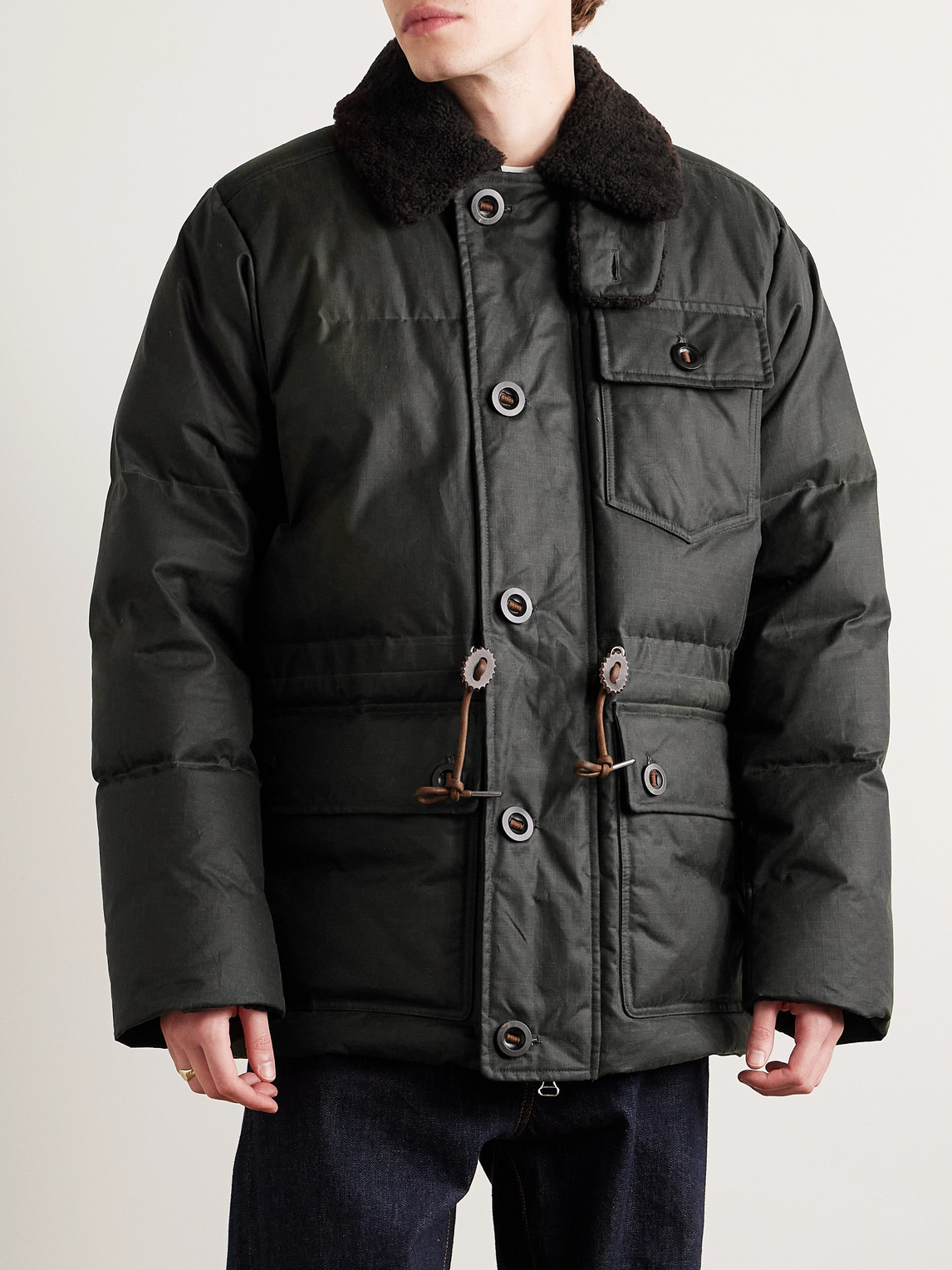 Shop Drake's Expedition Shearling-trimmed Waxed Cotton-ripstop Down Parka In Green