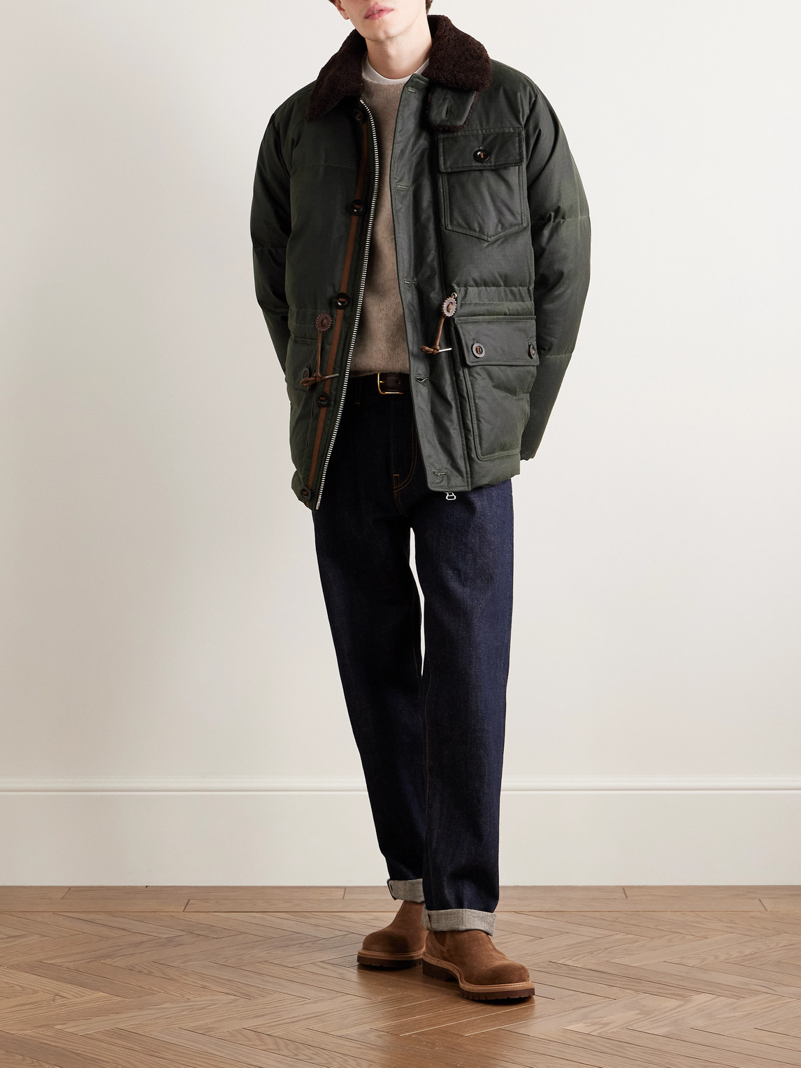 Shop Drake's Expedition Shearling-trimmed Waxed Cotton-ripstop Down Parka In Green