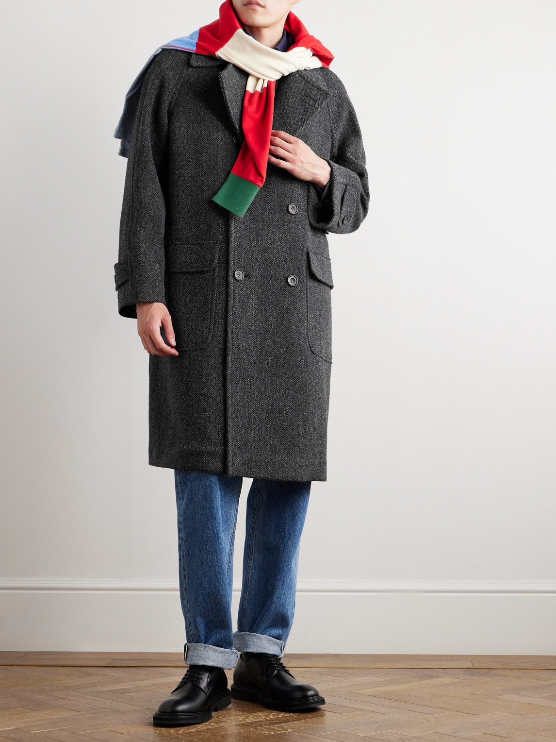 DRAKE'S DOUBLE-BREASTED HERRINGBONE WOOL COAT