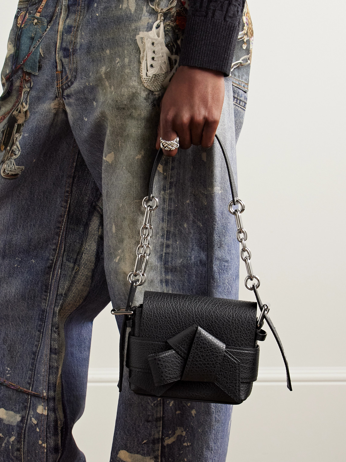 Shop Acne Studios Musubi Mini Chain-embellished Full-grain Leather Messenger Bag In Black