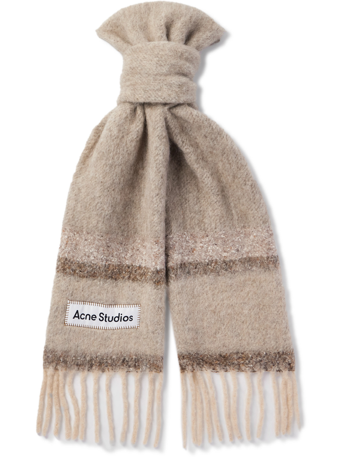 Acne Studios Vonkey Fringed Logo-appliquéd Striped Alpaca-blend Scarf In Neutrals