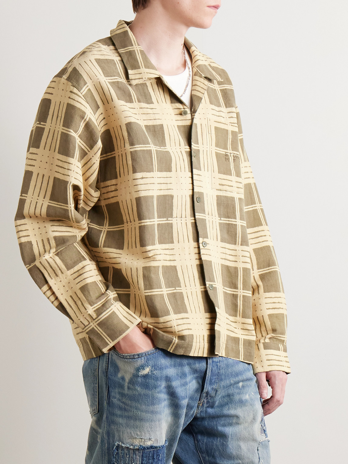 Story Mfg. - Greetings Camp-collar Logo-embroidered Checked Linen And Organic Cotton-blend Shirt - Men - Brown - S 