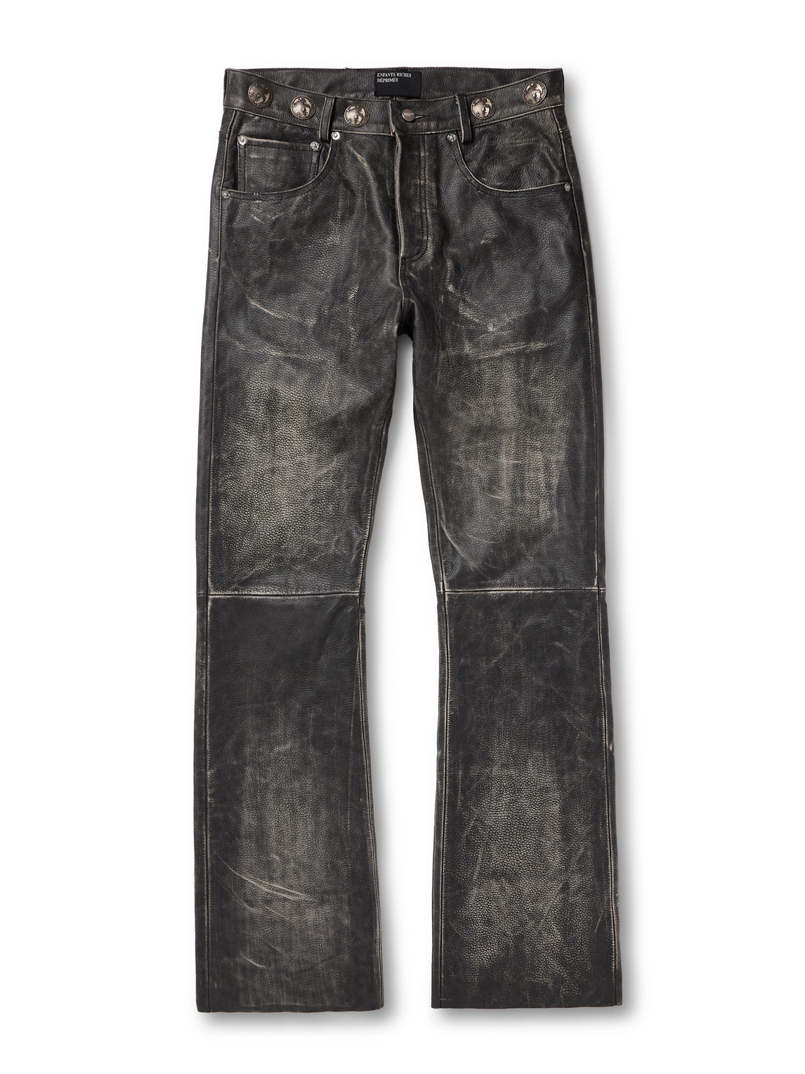 Straight-Leg Embellished Distressed Leather Trousers