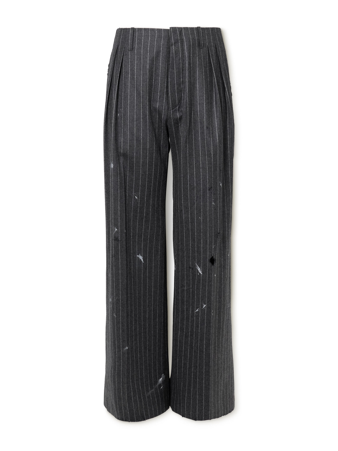 Enfants Riches Deprimes Wide-leg Pleated Pinstriped Distressed Virgin Wool-twill Trousers In Gray