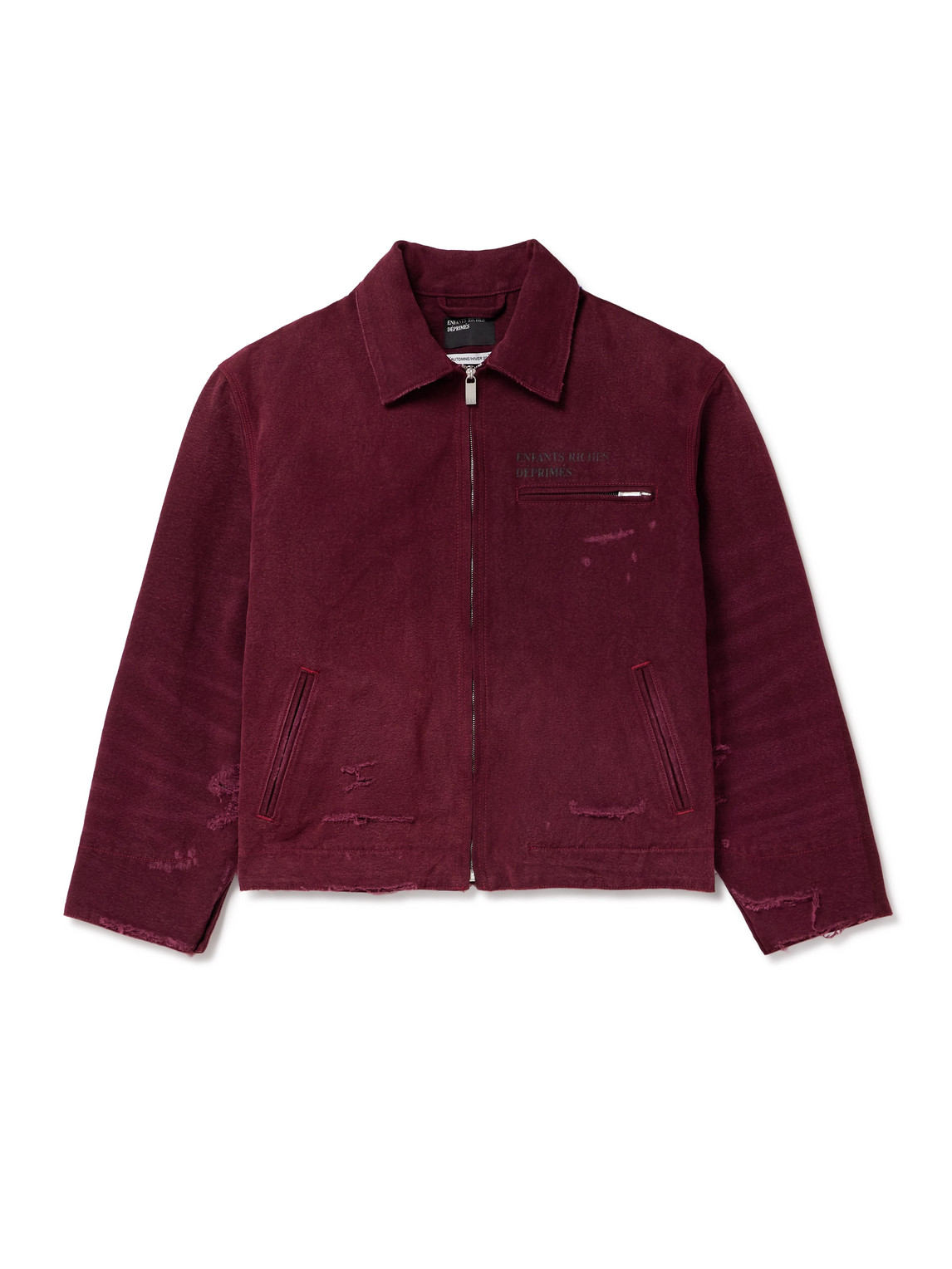 Enfants Riches Deprimes Logo-print Distressed Cotton-canvas Chore Jacket In Burgundy