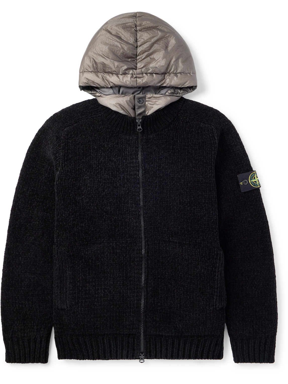 STONE ISLAND PRESIDENT LOGO-APPLIQUÉD COTTON-VELVET AND QUILTED COATED-SHELL HOODED DOWN JACKET