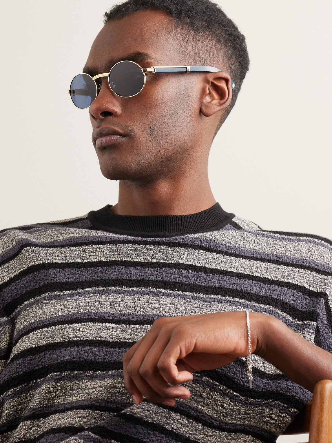 Cartier Première Round-frame Gold-tone And Wood Sunglasses In Blue