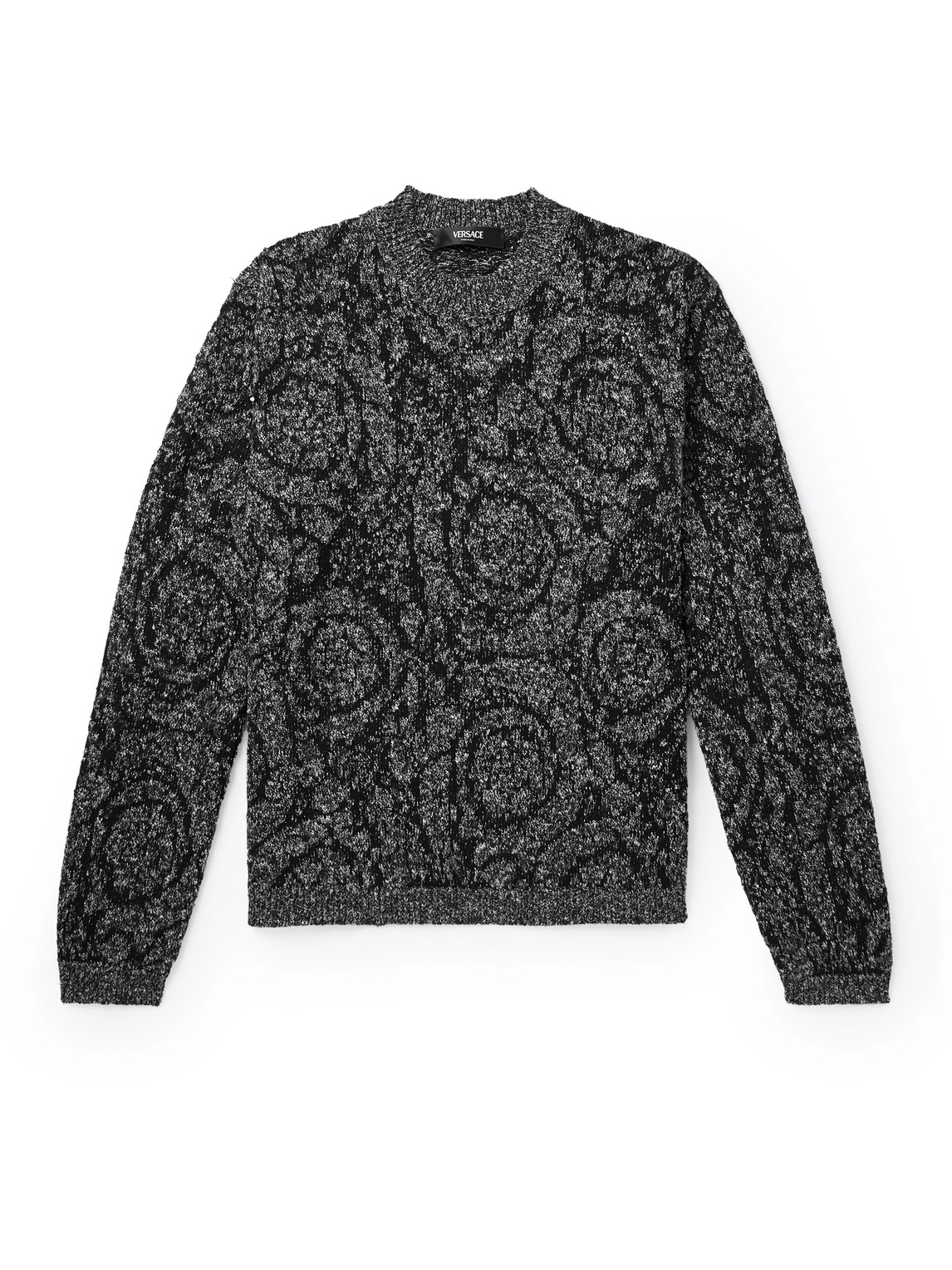 Versace Melange Crew-neck Sweater With Baroque Motif In Black