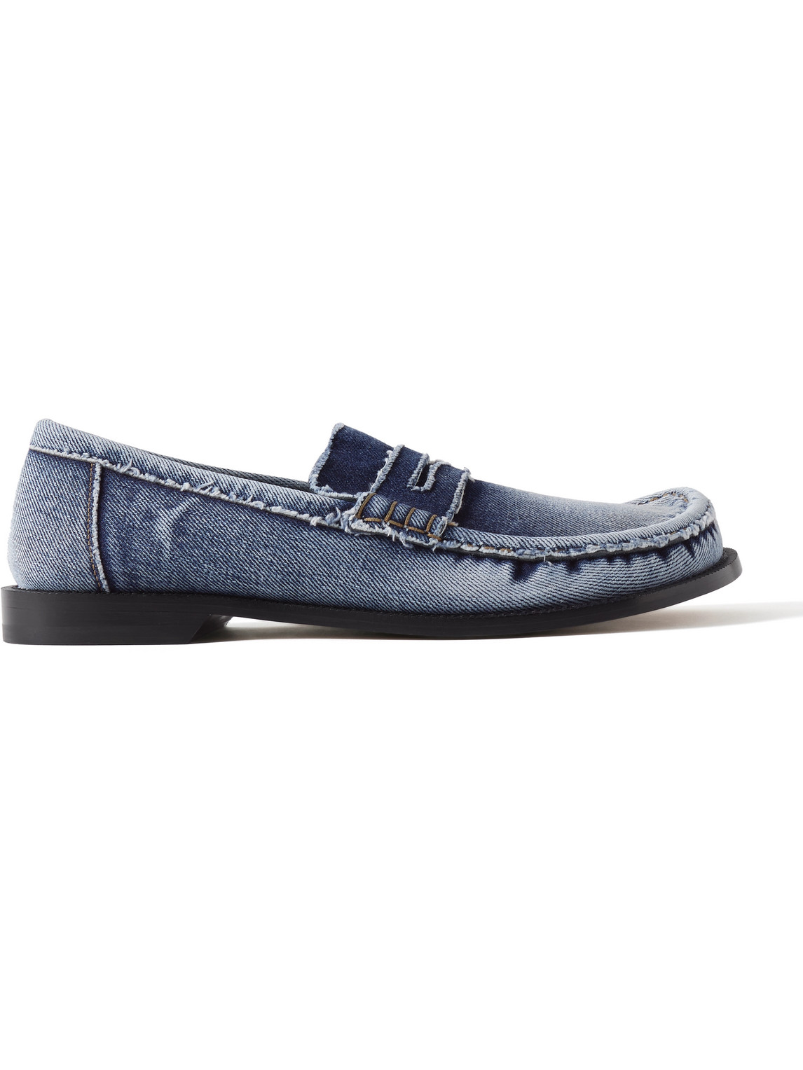 Loewe Campo Distressed Washed-denim Penny Loafers In Blue