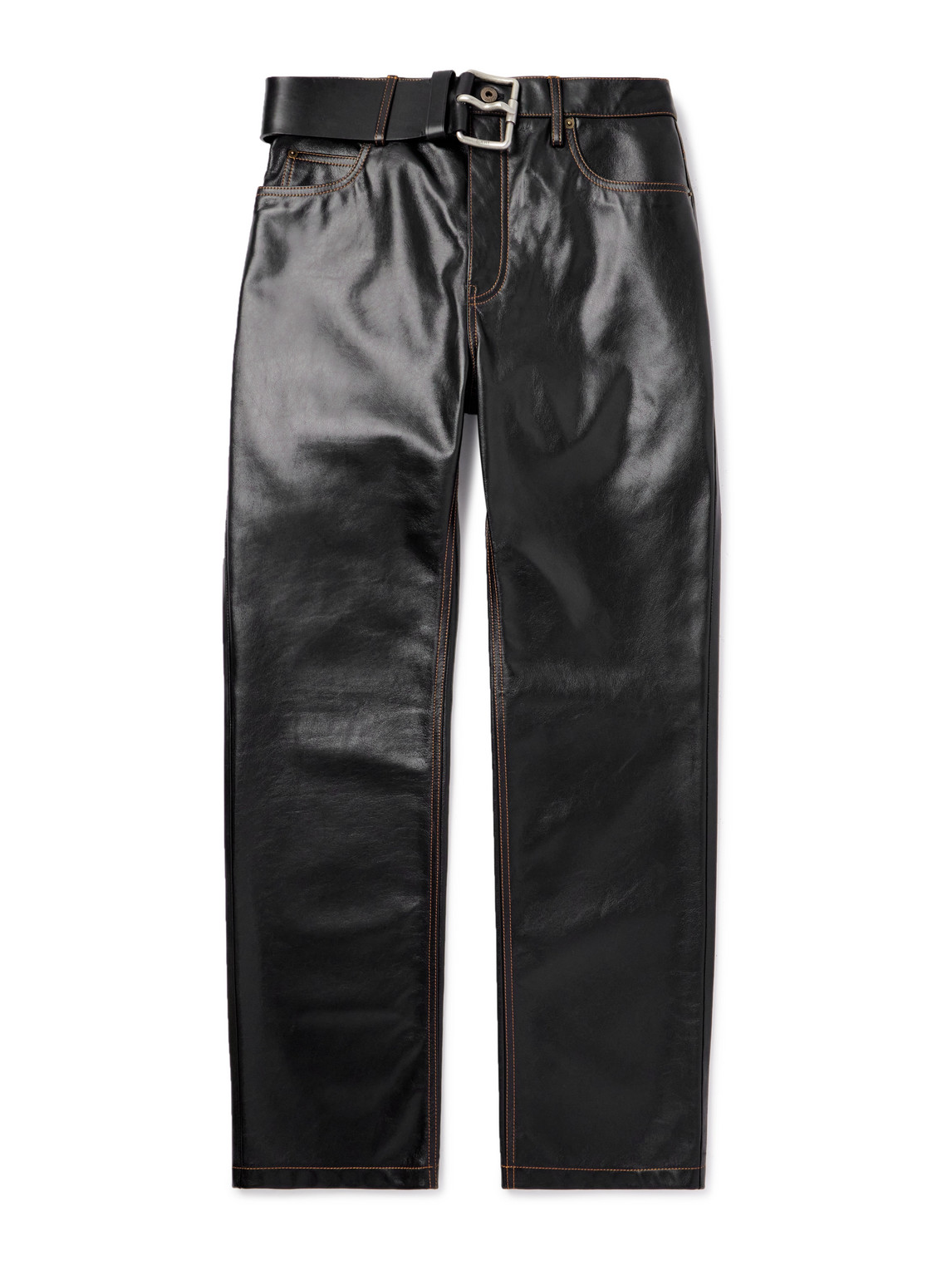 Straight-Leg Belted Leather Trousers
