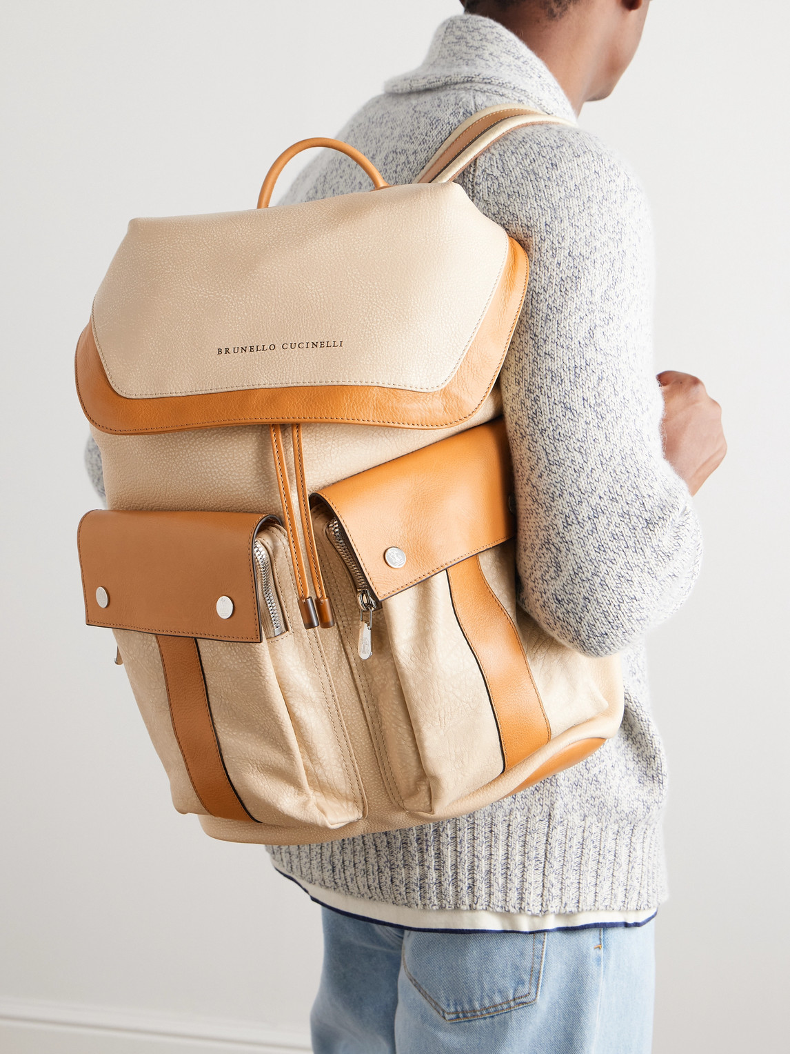 BRUNELLO CUCINELLI COLOUR-BLOCK FULL-GRAIN LEATHER BACKPACK