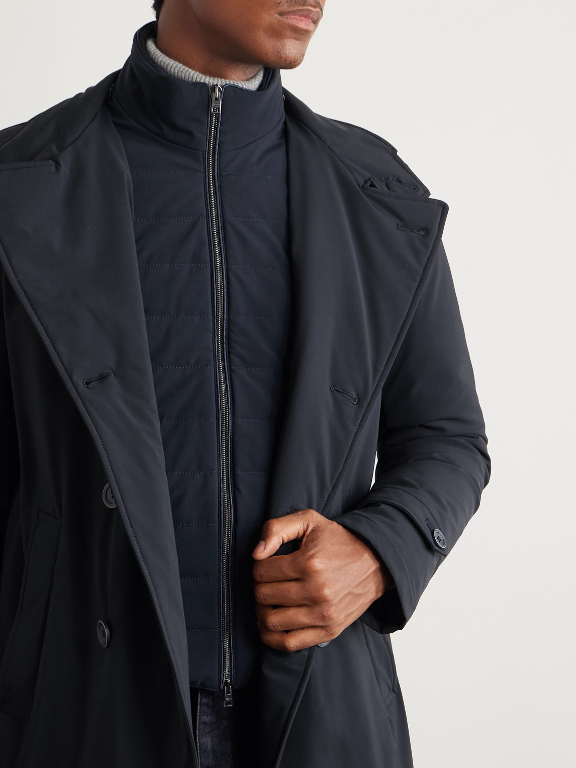 Herno Double-breasted Padded Stretch-shell Down Peacoat In Blue