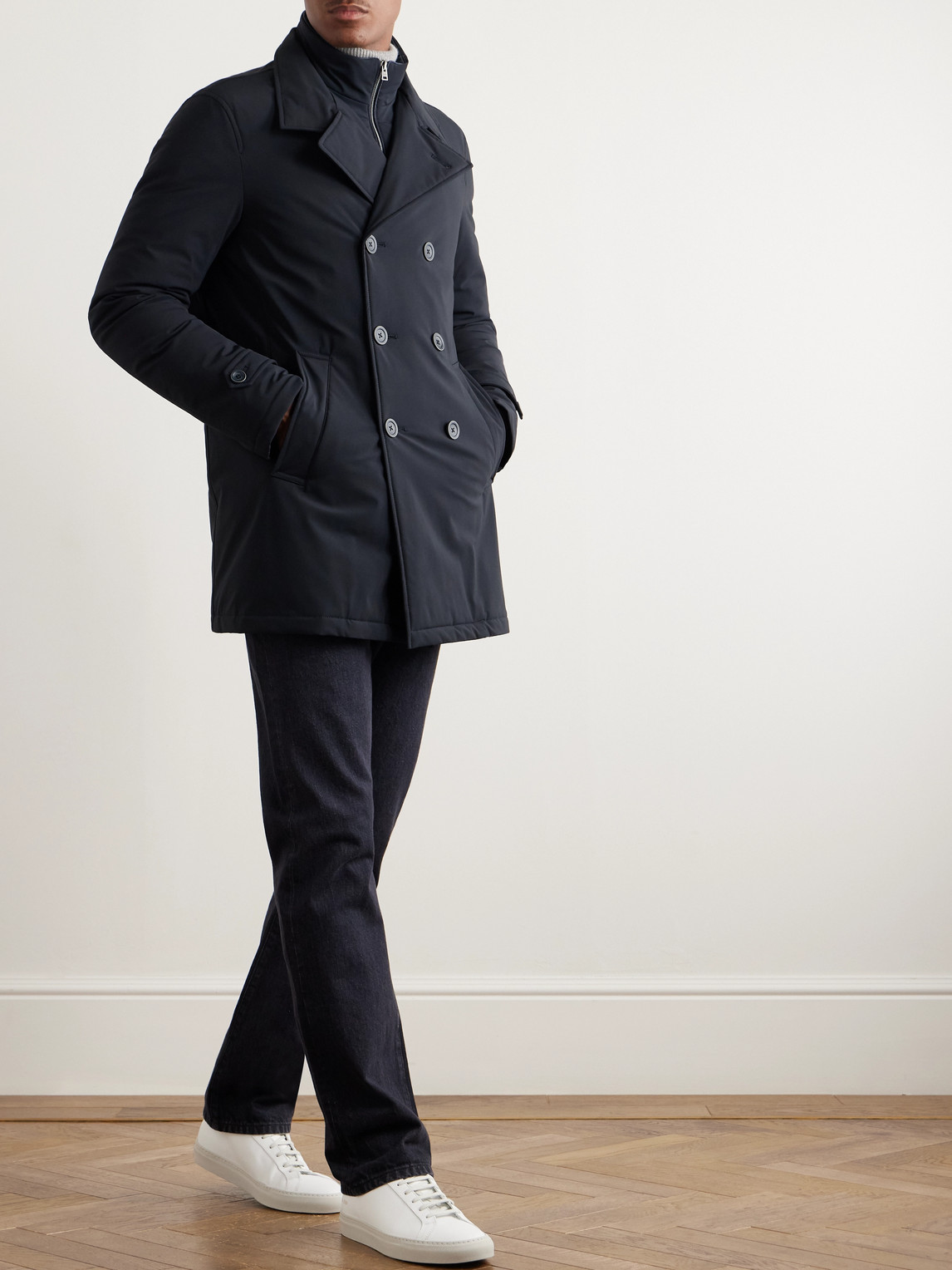 Herno Double-breasted Padded Stretch-shell Down Peacoat In Blue