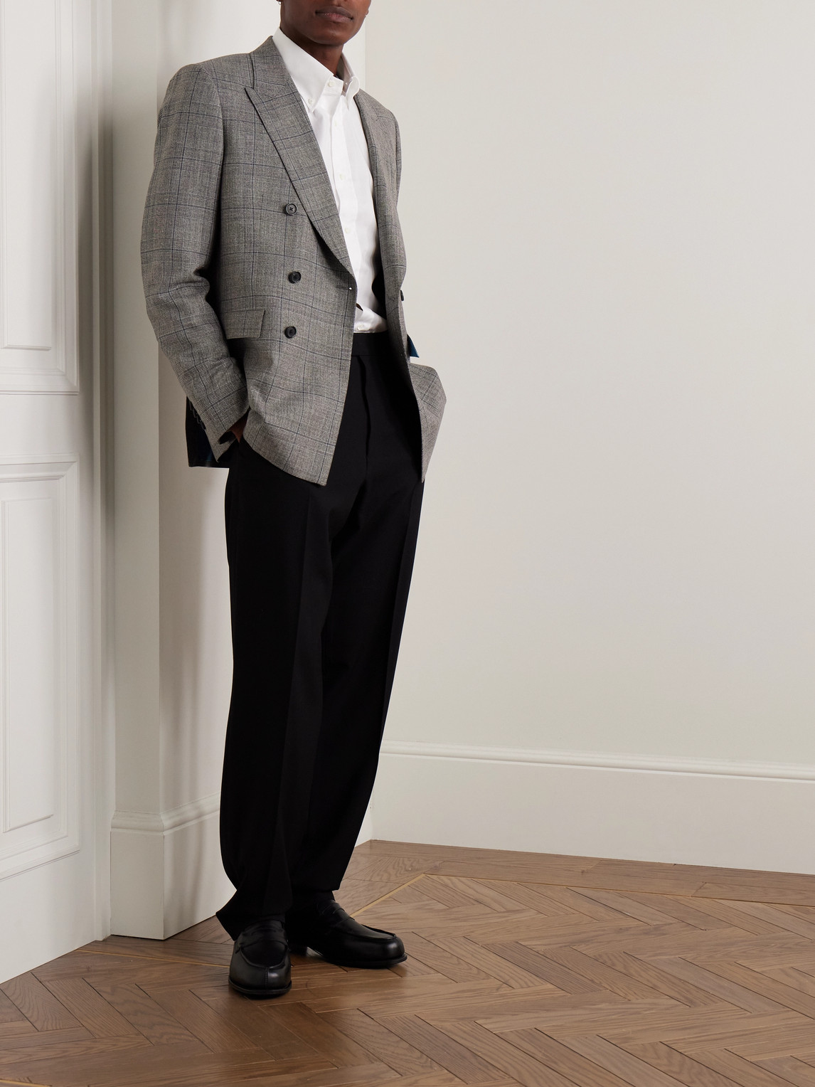 PAUL SMITH DOUBLE-BREASTED PRINCE OF WALES CHECKED WOOL AND LINEN-BLEND SUIT JACKET