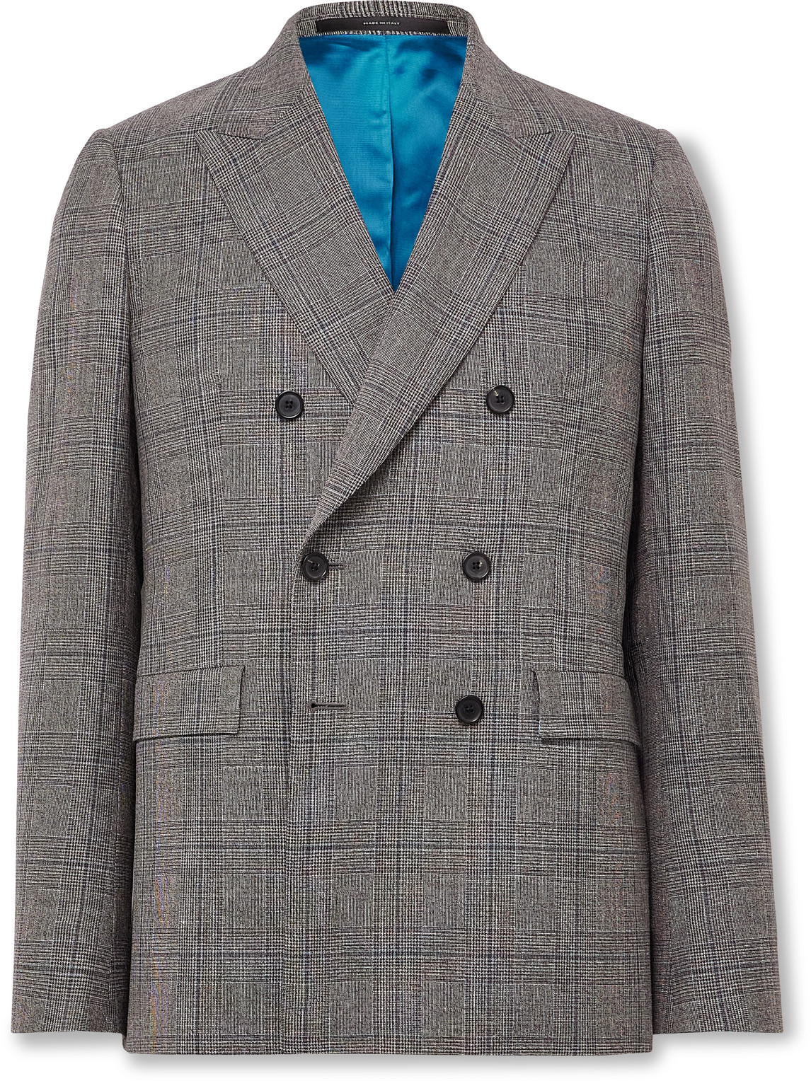 Paul Smith Double-breasted Prince Of Wales Checked Wool And Linen-blend Suit Jacket In Gray