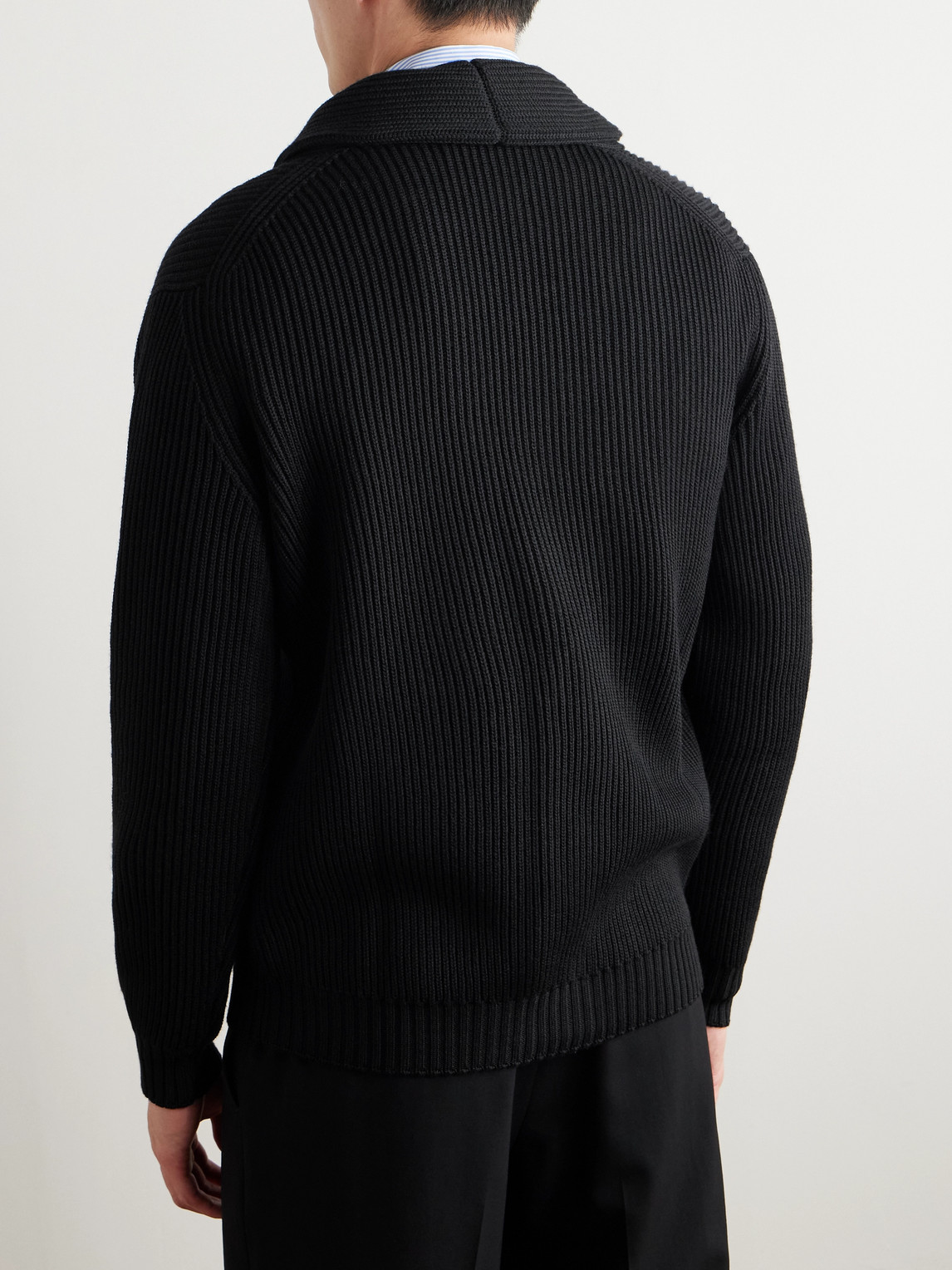 Thom Sweeney Shawl-collar Ribbed Merino Wool Cardigan In Black