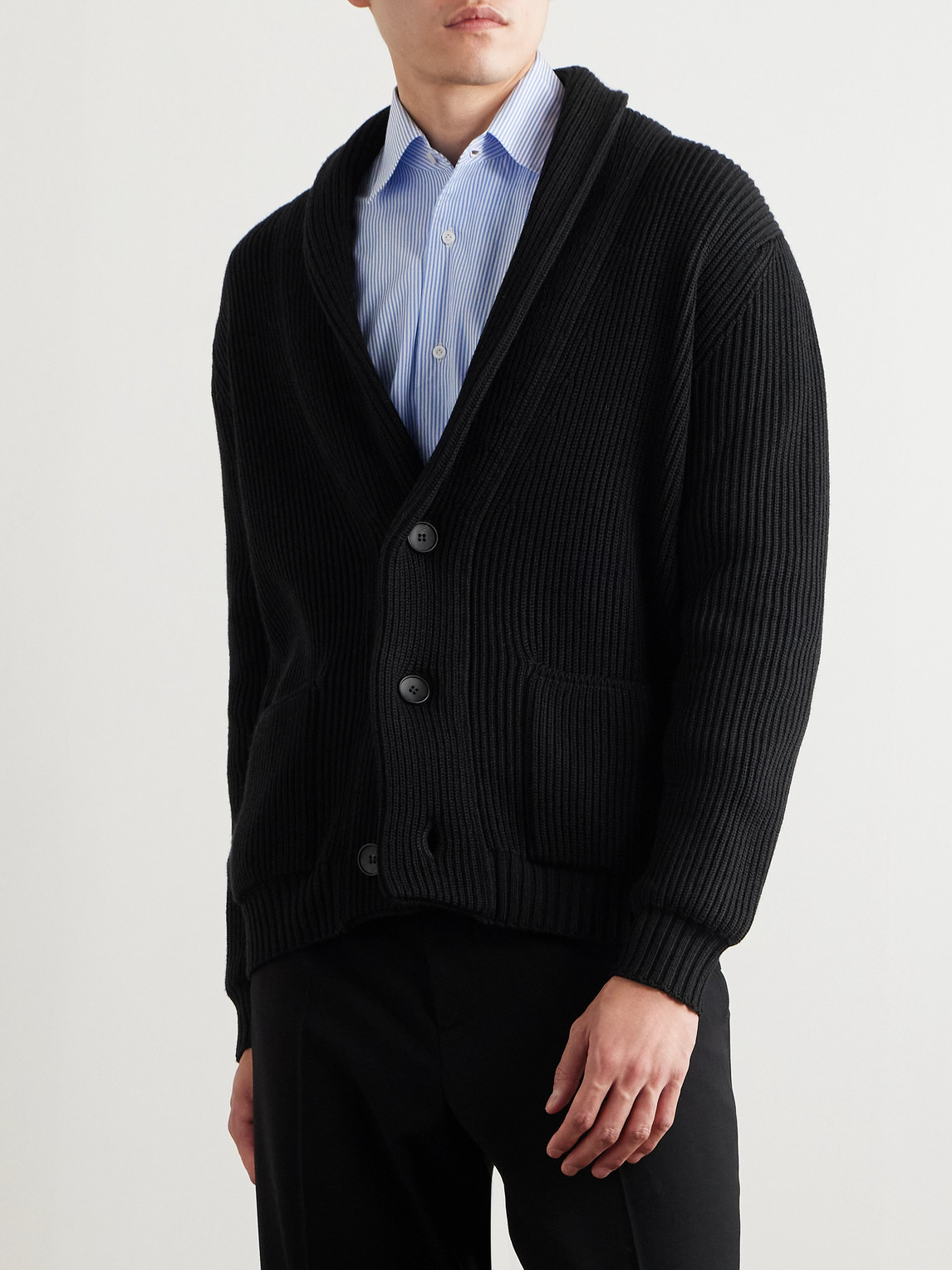 Thom Sweeney Shawl-collar Ribbed Merino Wool Cardigan In Black