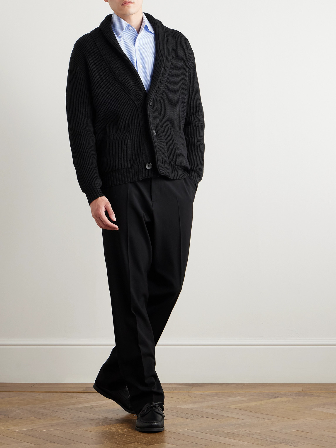 Thom Sweeney Shawl-collar Ribbed Merino Wool Cardigan In Black