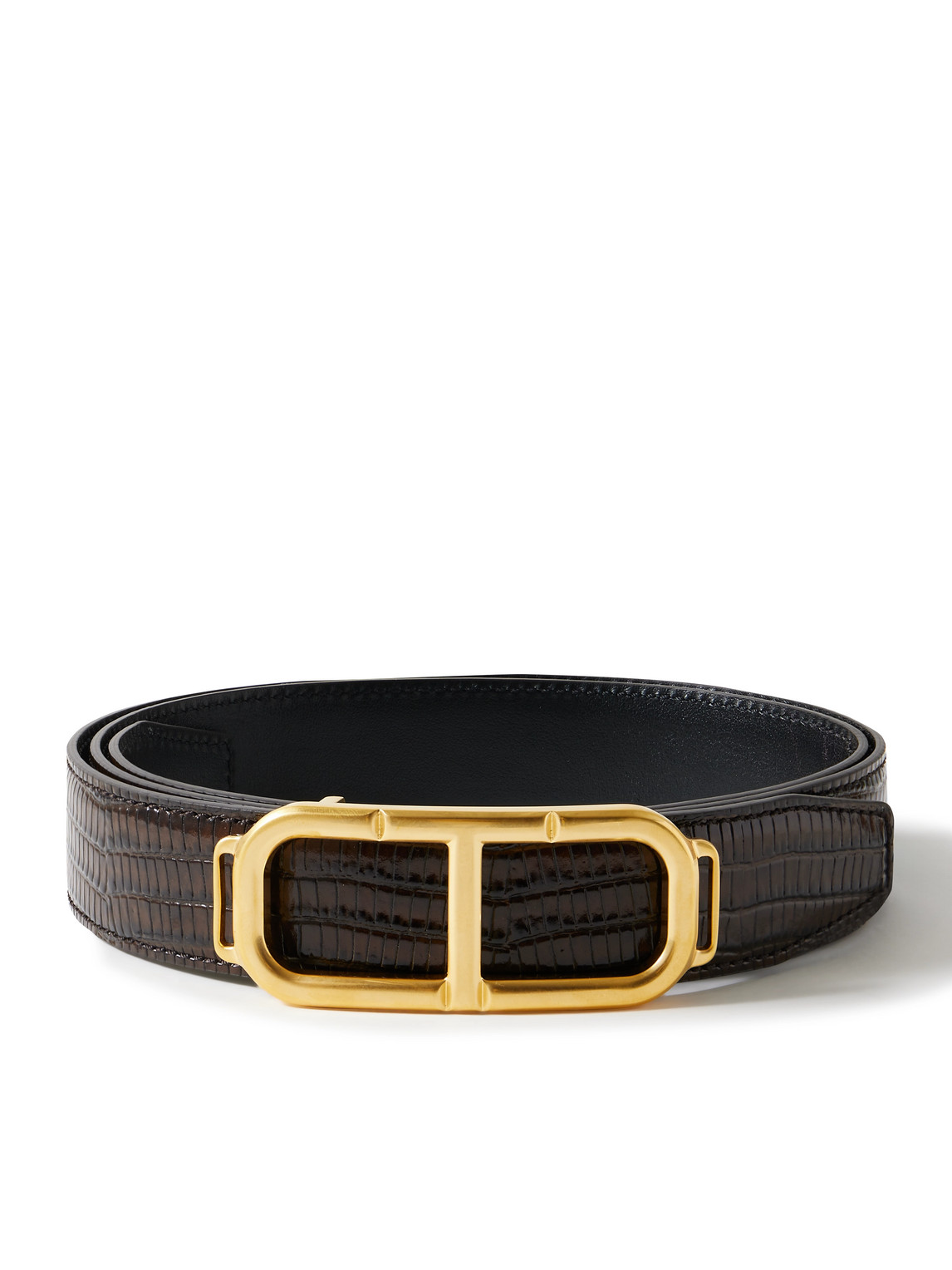 Tom Ford 3cm Glossed Croc-effect Leather Belt In Brown