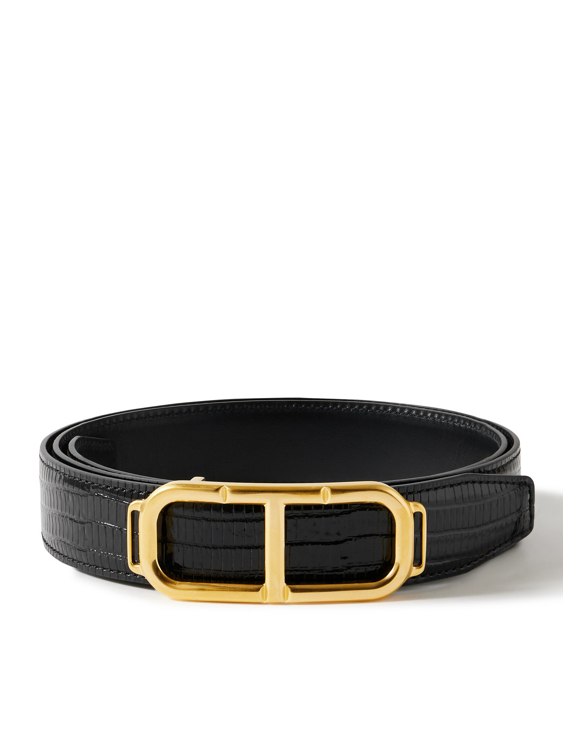 Tom Ford 3cm Glossed Croc-effect Leather Belt In Black