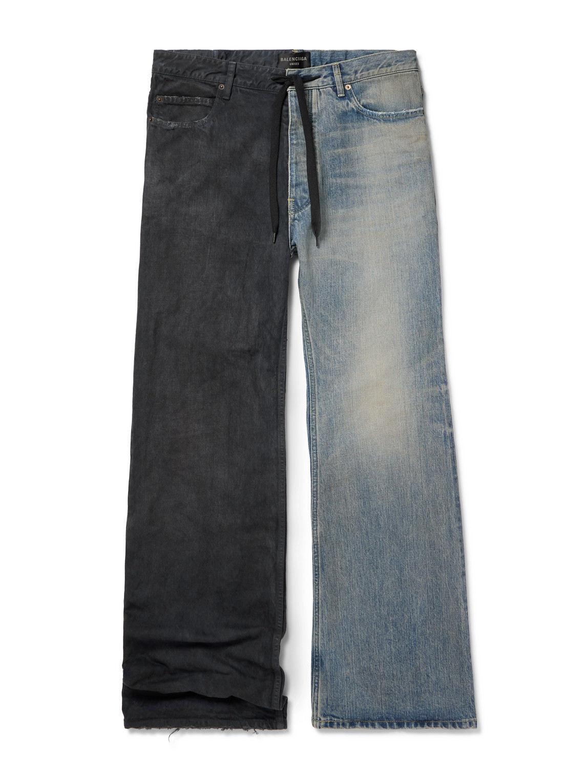 Balenciaga Fifty-fifty Wide-leg Two-tone Distressed Drawstring Jeans In Blue