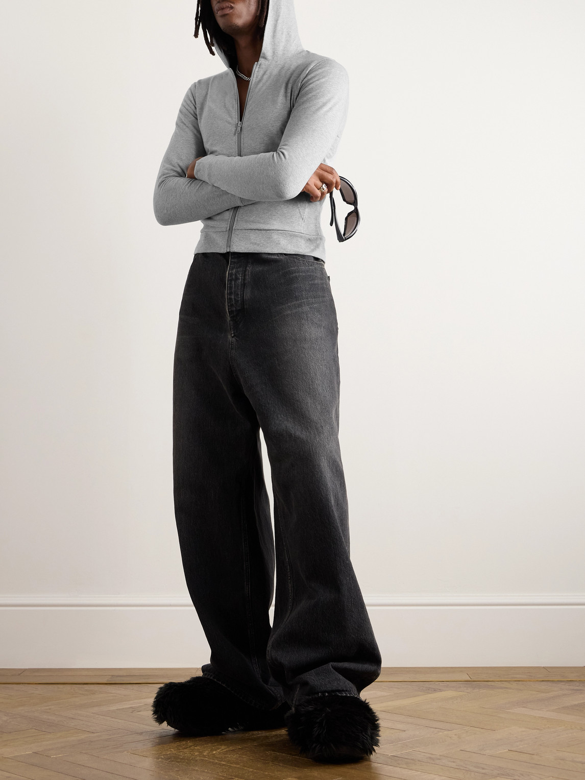 Balenciaga Slim-fit Cotton-blend Jersey Zip-up Hoodie In Gray