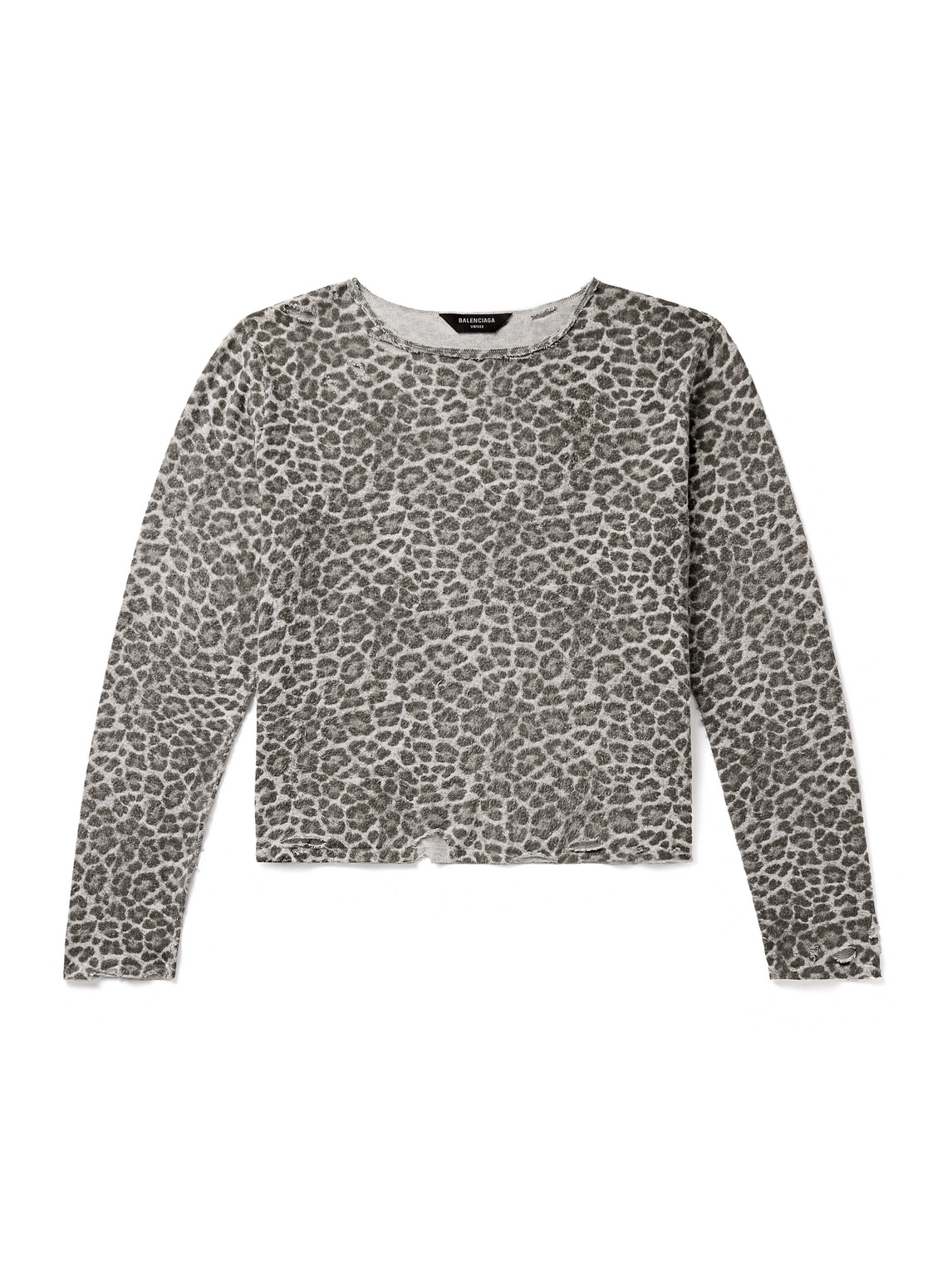 Balenciaga Cropped Distressed Leopard-print Brushed-cotton Sweater In Gray