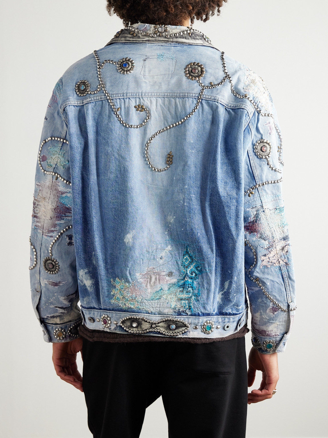  Proleta Re Art - Distressed Embellished Patchwork Leather-trimmed Denim Trucker Jacket - Men - Blue - L 