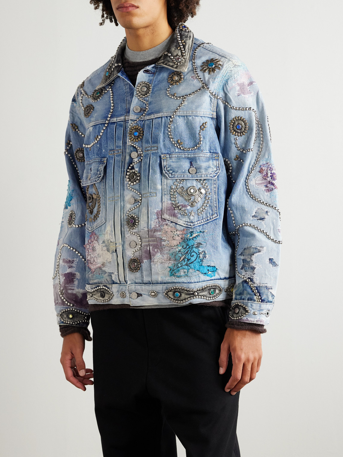  Proleta Re Art - Distressed Embellished Patchwork Leather-trimmed Denim Trucker Jacket - Men - Blue - L 