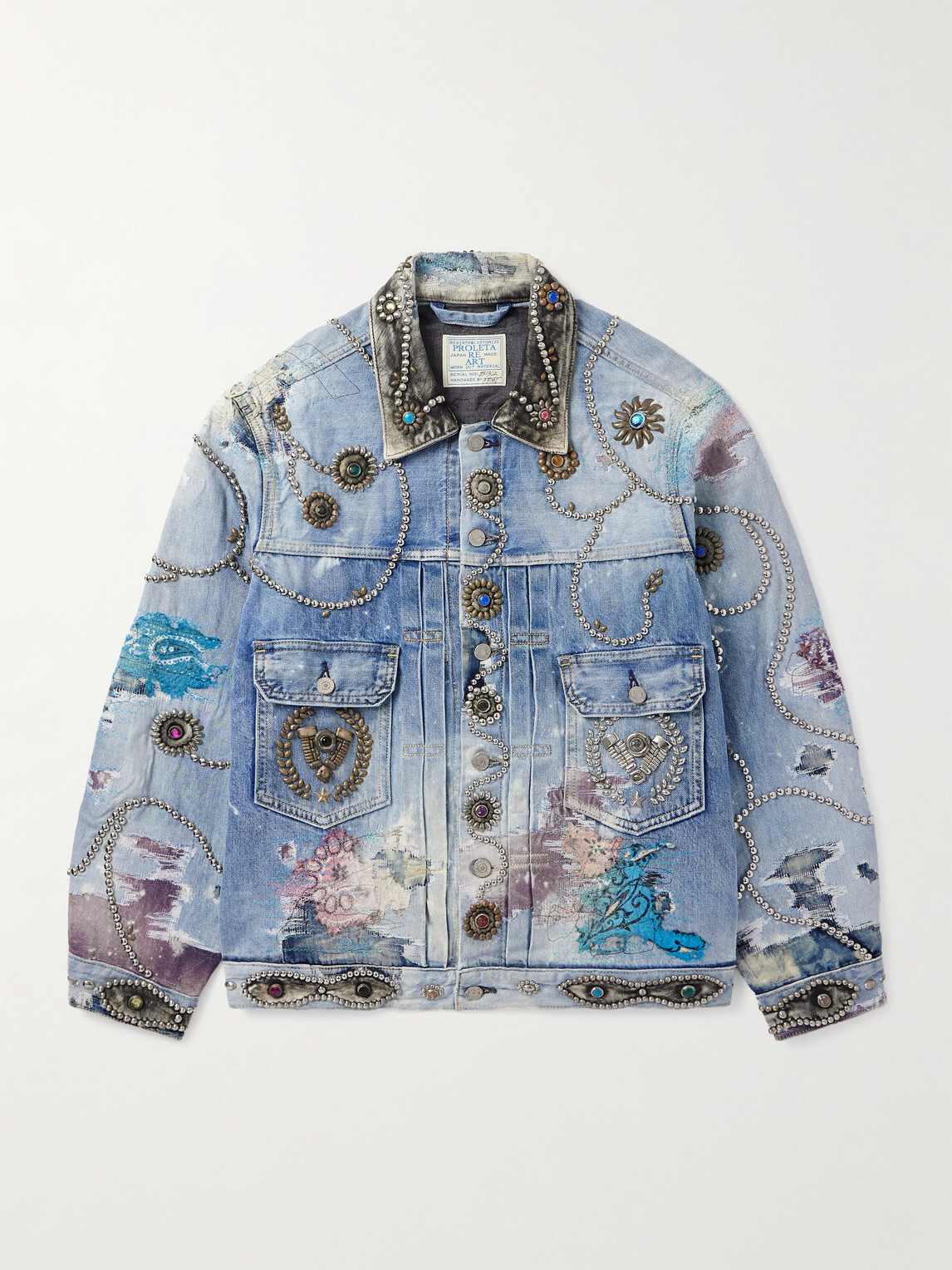 PROLETA RE ART – Distressed Embellished Patchwork Leather-Trimmed Denim Trucker Jacket