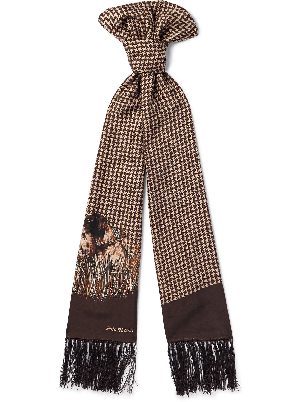 Polo Ralph Lauren Fringed Printed Houndstooth Silk-twill Scarf In Brown