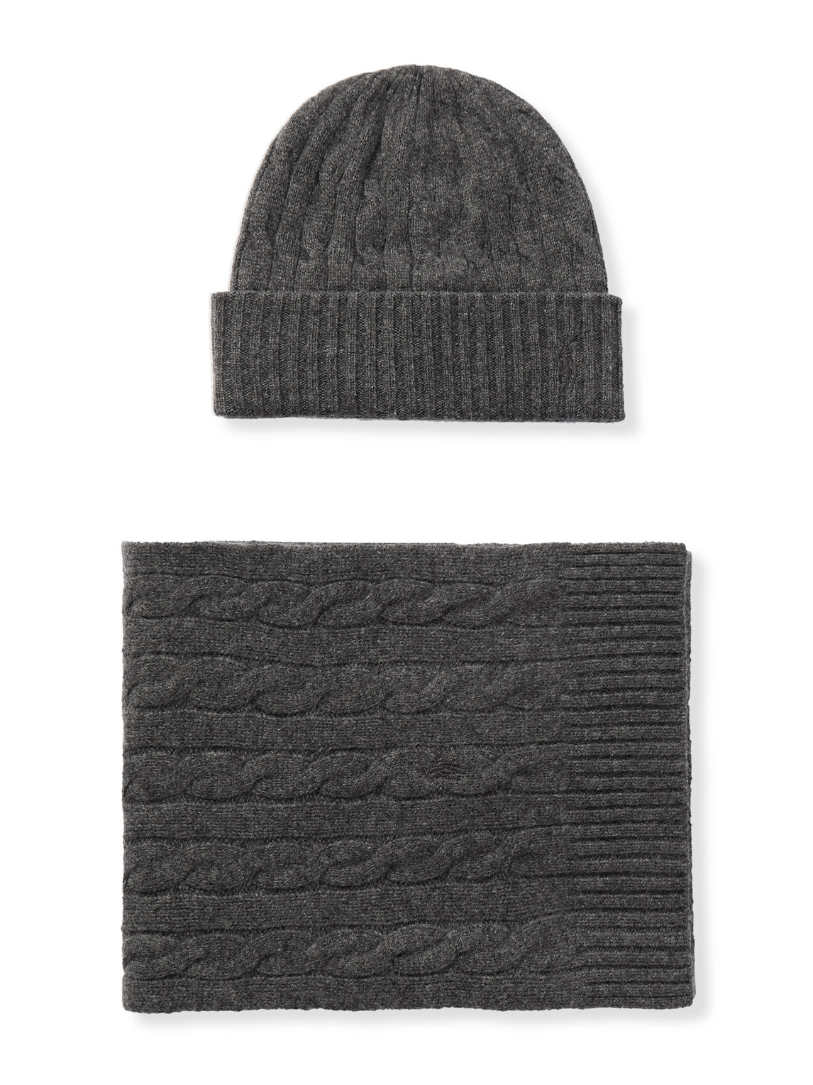 Polo Ralph Lauren Logo-embroidered Cable-knit Cashmere Scarf And Beanie Set In Grey