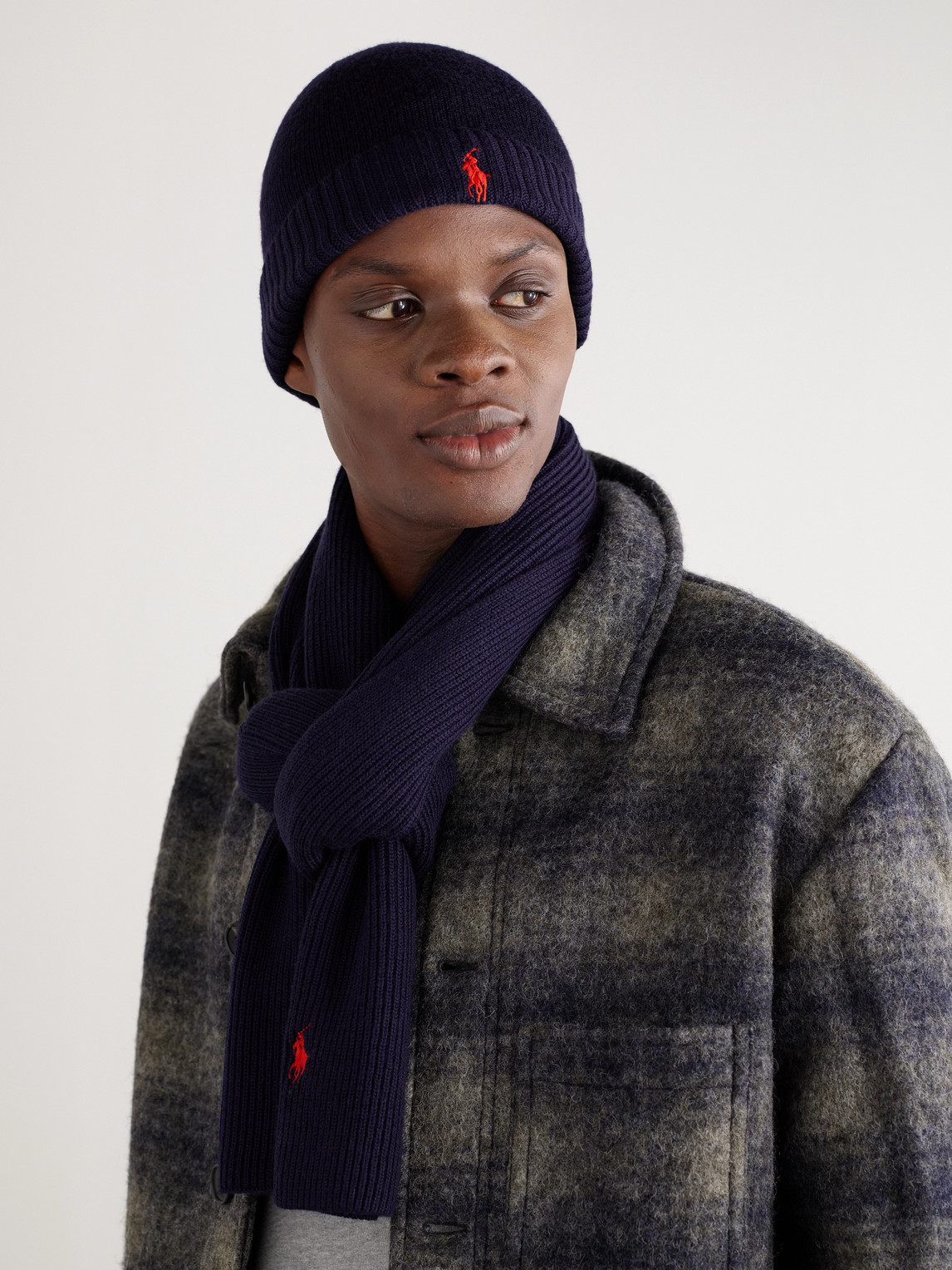 Polo Ralph Lauren Logo-embroidered Ribbed Wool Scarf And Beanie Set In Blue