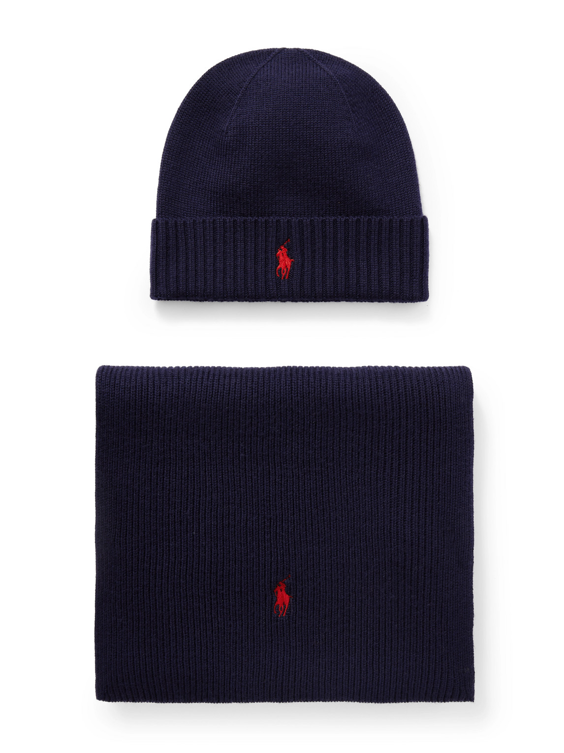 Polo Ralph Lauren Logo-embroidered Ribbed Wool Scarf And Beanie Set In Blue