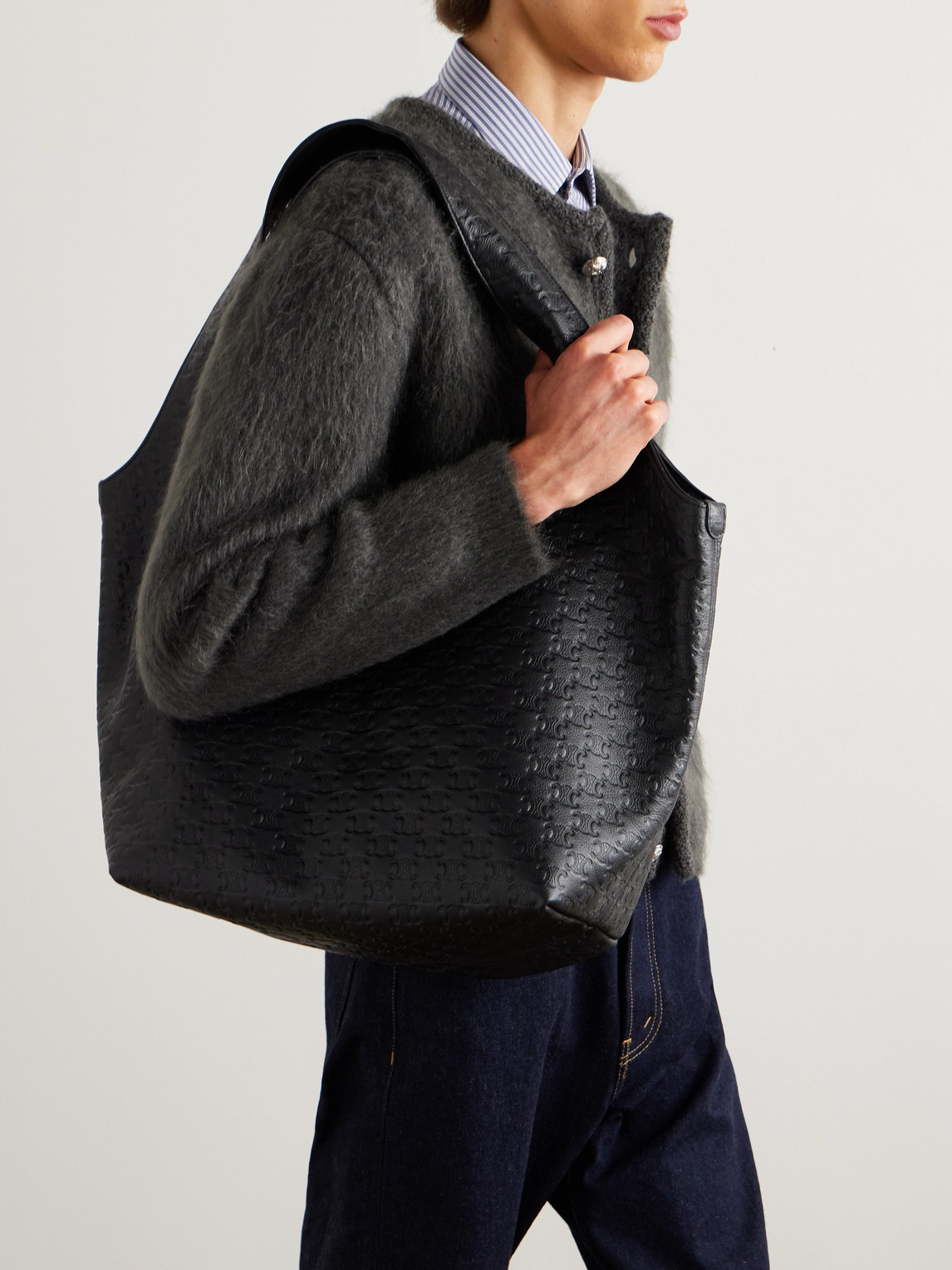 Celine Logo-debossed Full-grain Leather Tote Bag In Black