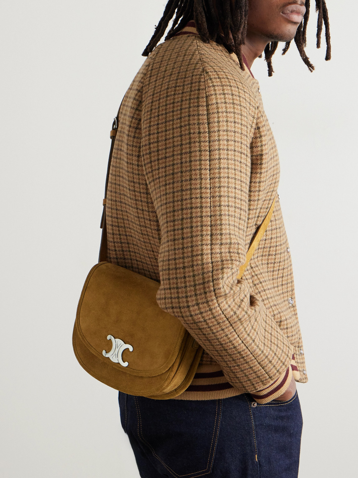 Celine Men Triomphe Medium Saddlebag In Suede Calfskin In Brown