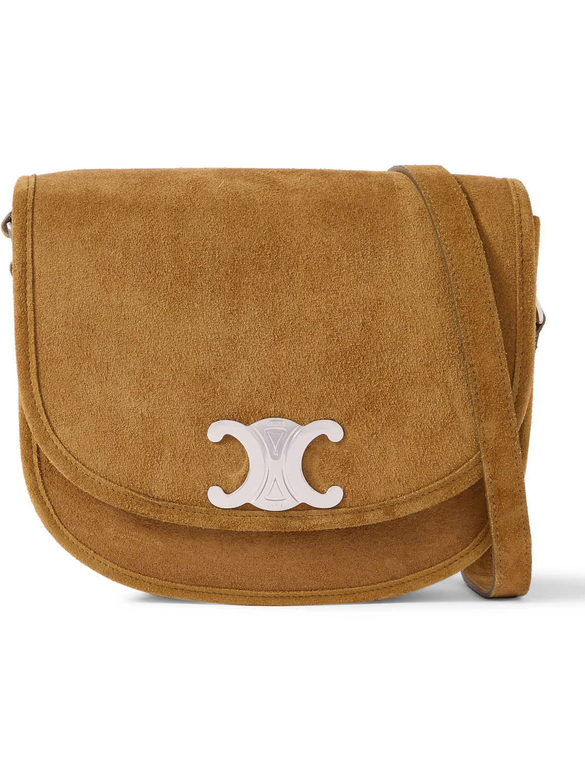 Celine Men Triomphe Medium Saddlebag In Suede Calfskin In Brown